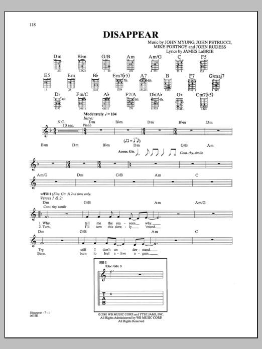 Download Dream Theater Disappear Sheet Music and learn how to play Guitar Tab PDF digital score in minutes
