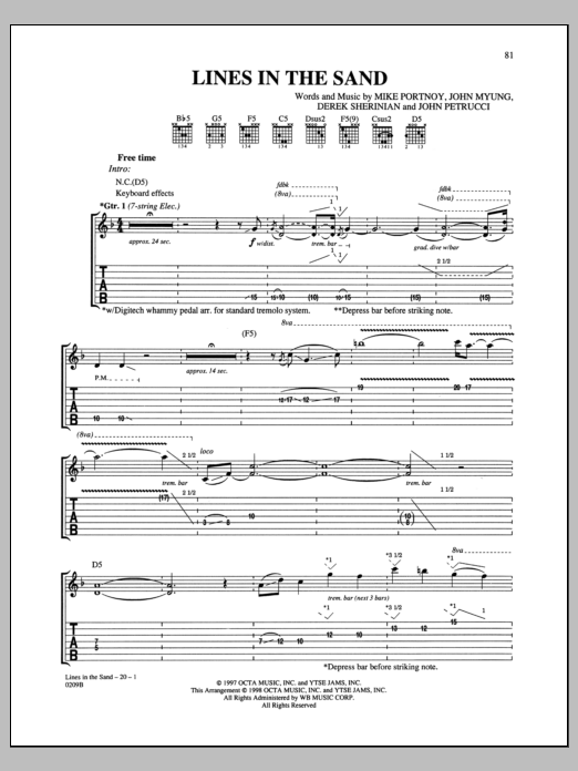 Download Dream Theater Lines In The Sand Sheet Music and learn how to play Guitar Tab PDF digital score in minutes