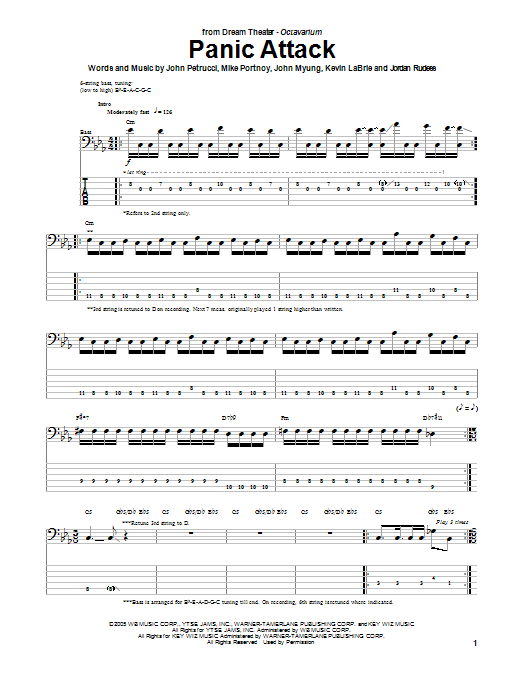 Download Dream Theater Panic Attack Sheet Music and learn how to play Bass Guitar Tab PDF digital score in minutes