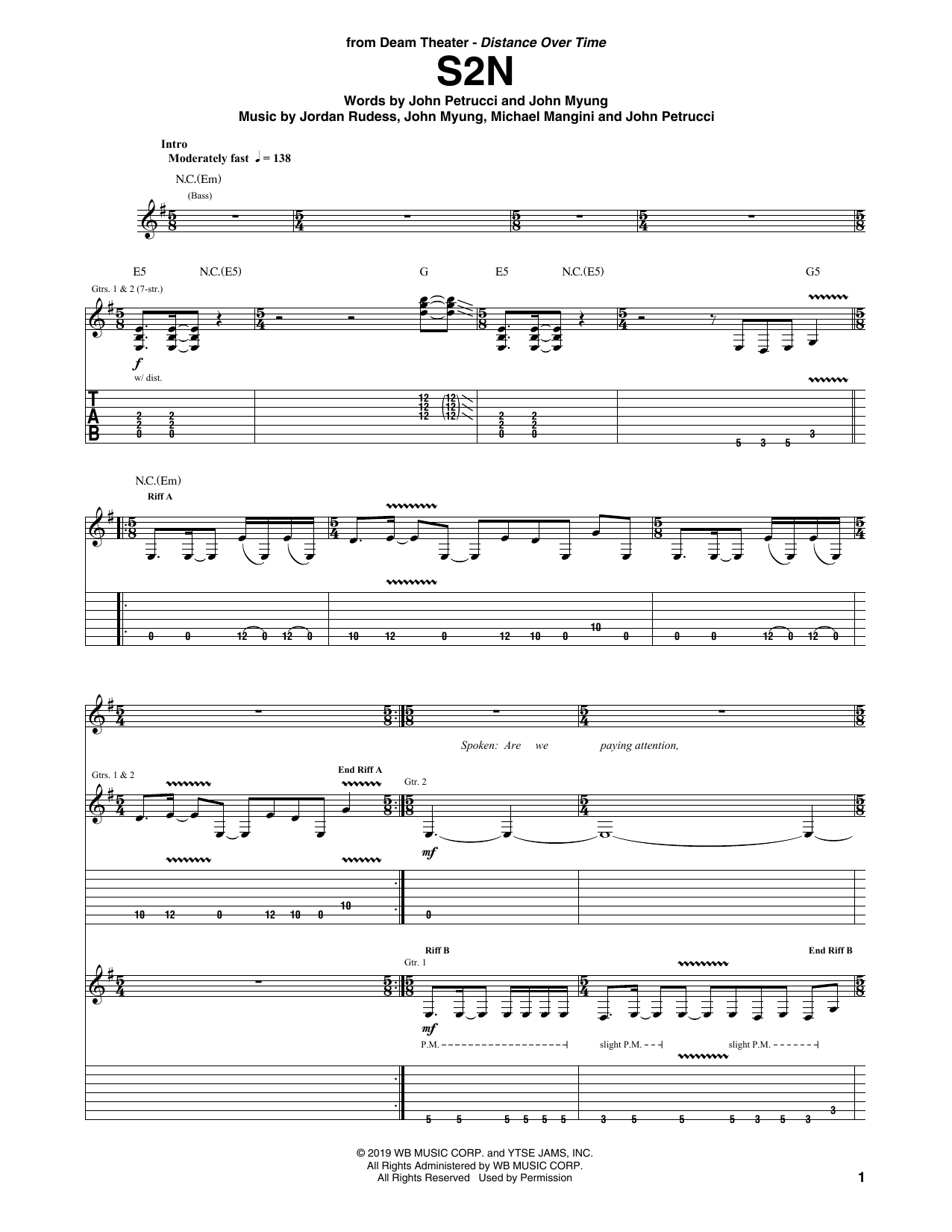 Download Dream Theater S2N Sheet Music and learn how to play Guitar Tab PDF digital score in minutes