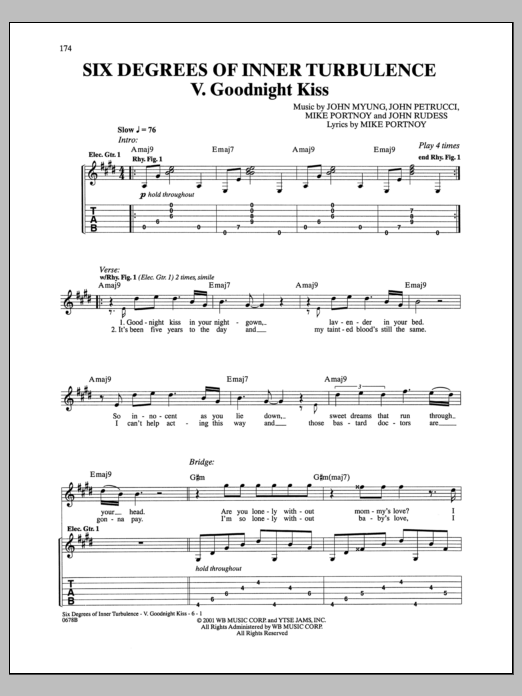 Download Dream Theater Six Degrees Of Inner Turbulence: V. Goodnight Kiss Sheet Music and learn how to play Guitar Tab PDF digital score in minutes