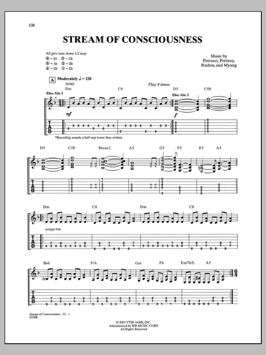 Download Dream Theater Stream Of Consciousness Sheet Music and learn how to play Bass Guitar Tab PDF digital score in minutes
