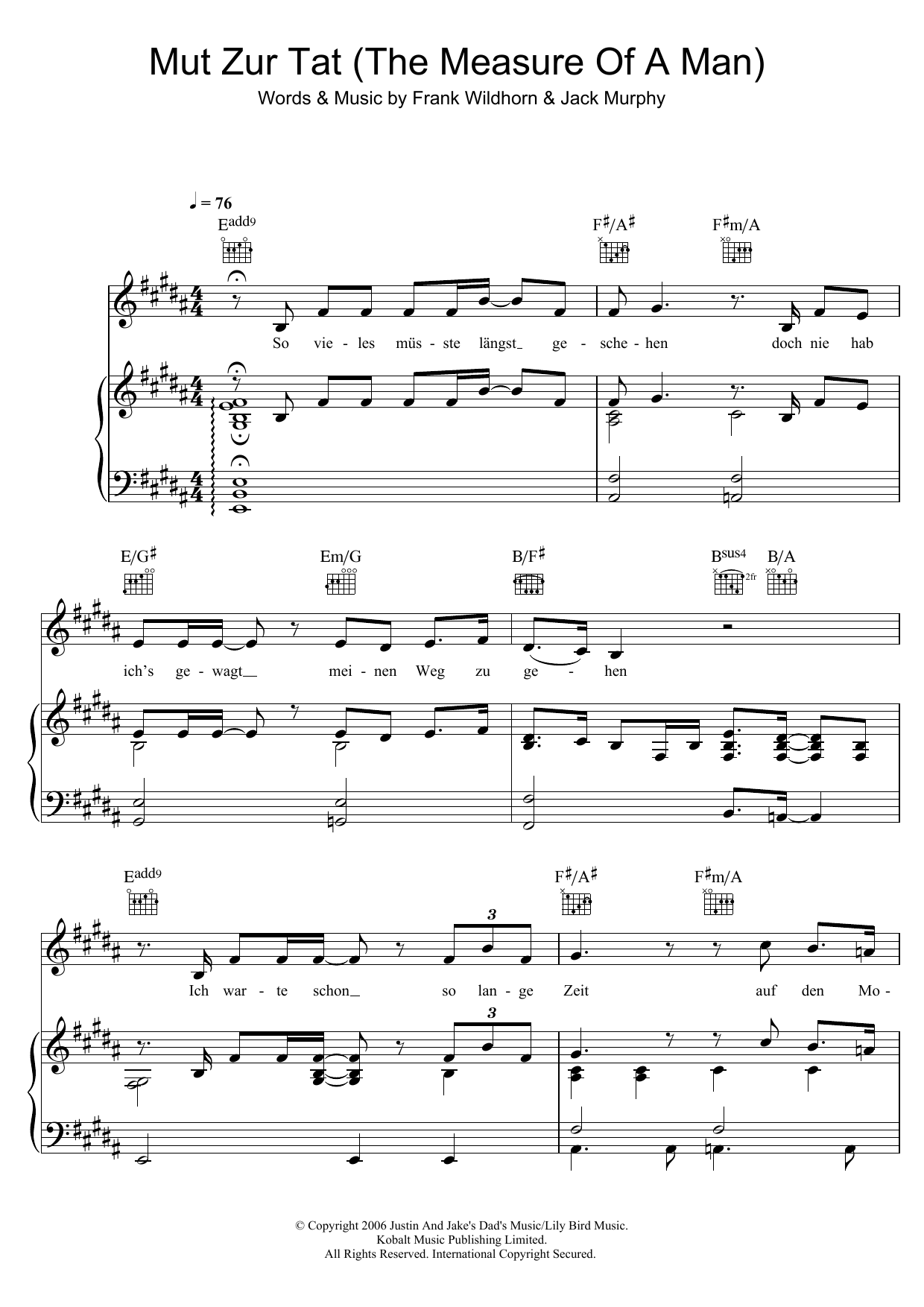 Download Drew Sarich Mut Zur Tat (The Measure Of A Man) Sheet Music and learn how to play Piano, Vocal & Guitar (Right-Hand Melody) PDF digital score in minutes