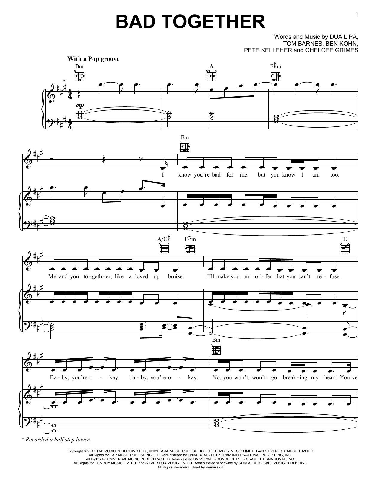 Download Dua Lipa Bad Together Sheet Music and learn how to play Piano, Vocal & Guitar Chords (Right-Hand Melody) PDF digital score in minutes