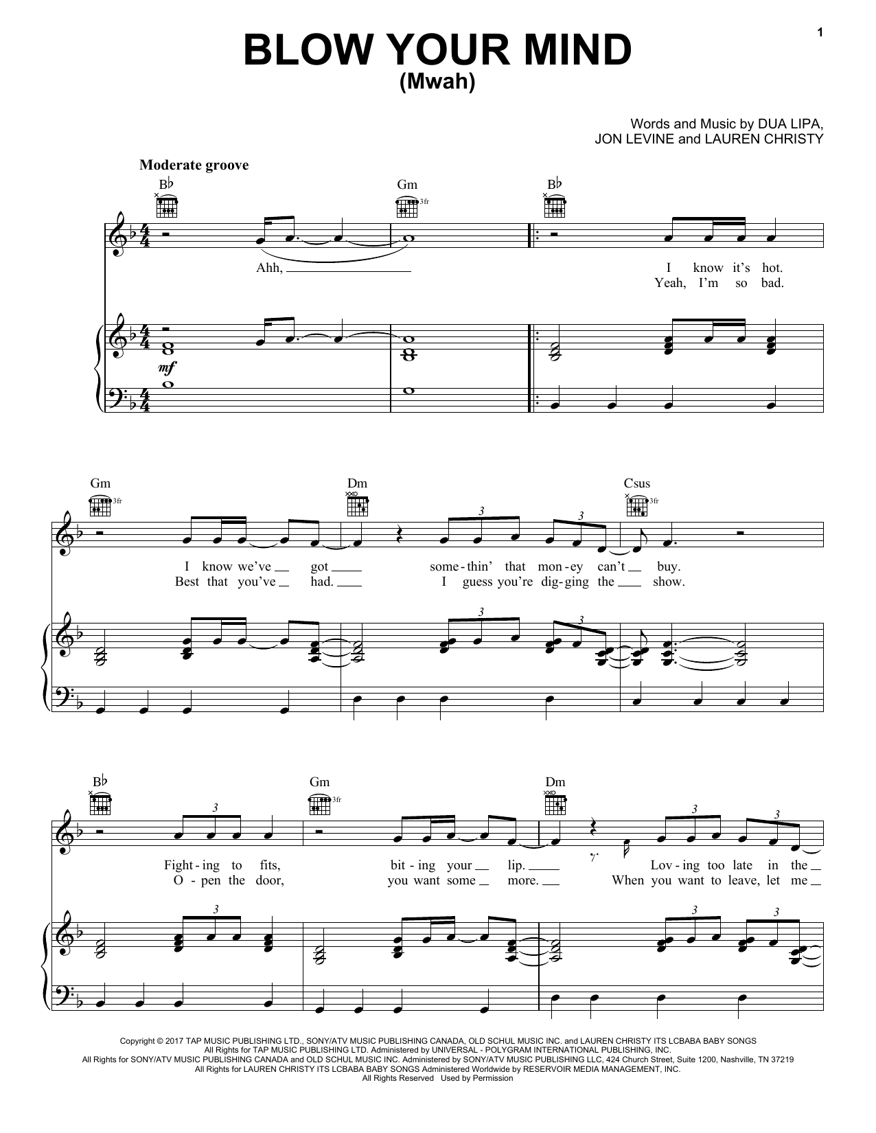 Download Dua Lipa Blow Your Mind (Mwah) Sheet Music and learn how to play Piano, Vocal & Guitar Chords (Right-Hand Melody) PDF digital score in minutes