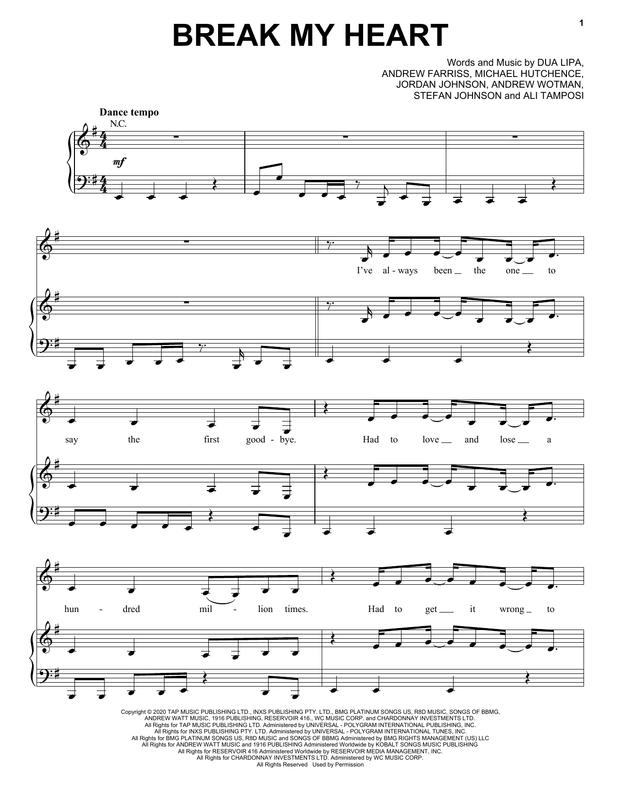 Download Dua Lipa Break My Heart Sheet Music and learn how to play Piano, Vocal & Guitar Chords (Right-Hand Melody) PDF digital score in minutes