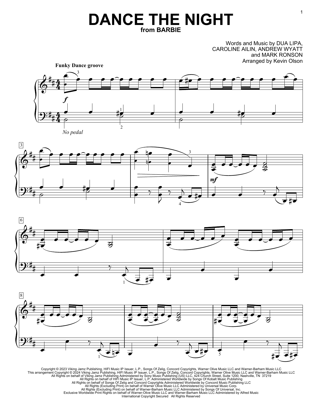 Download Dua Lipa Dance The Night (from Barbie) (arr. Kevin Olson) Sheet Music and learn how to play Easy Piano Solo PDF digital score in minutes