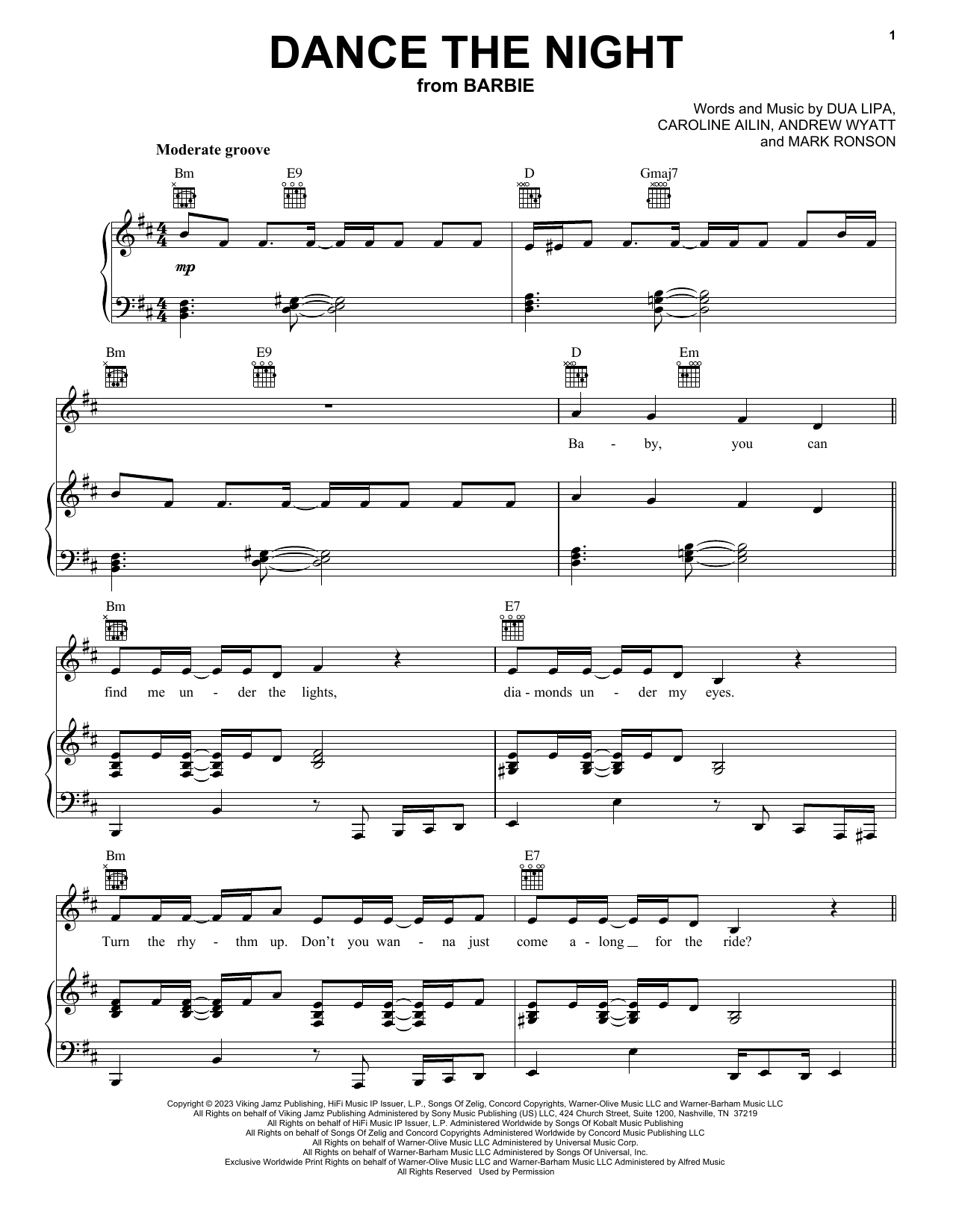 Download Dua Lipa Dance The Night (from Barbie The Album) Sheet Music and learn how to play Piano, Vocal & Guitar Chords (Right-Hand Melody) PDF digital score in minutes