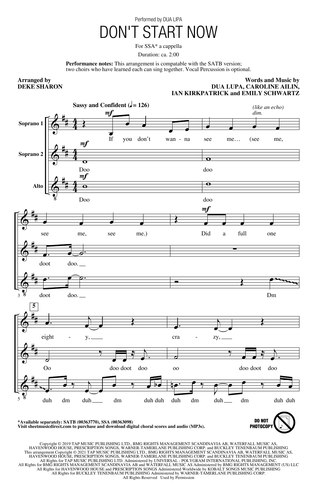 Download Dua Lipa Don't Start Now (arr. Deke Sharon) Sheet Music and learn how to play SATB Choir PDF digital score in minutes