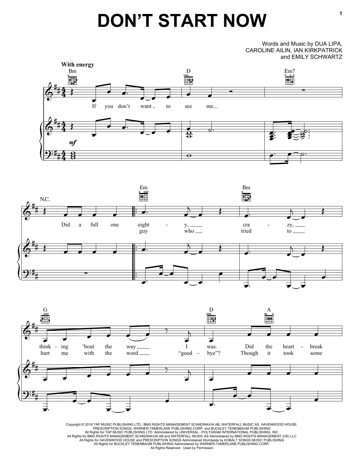 Download Dua Lipa Don't Start Now Sheet Music and learn how to play Piano, Vocal & Guitar Chords (Right-Hand Melody) PDF digital score in minutes