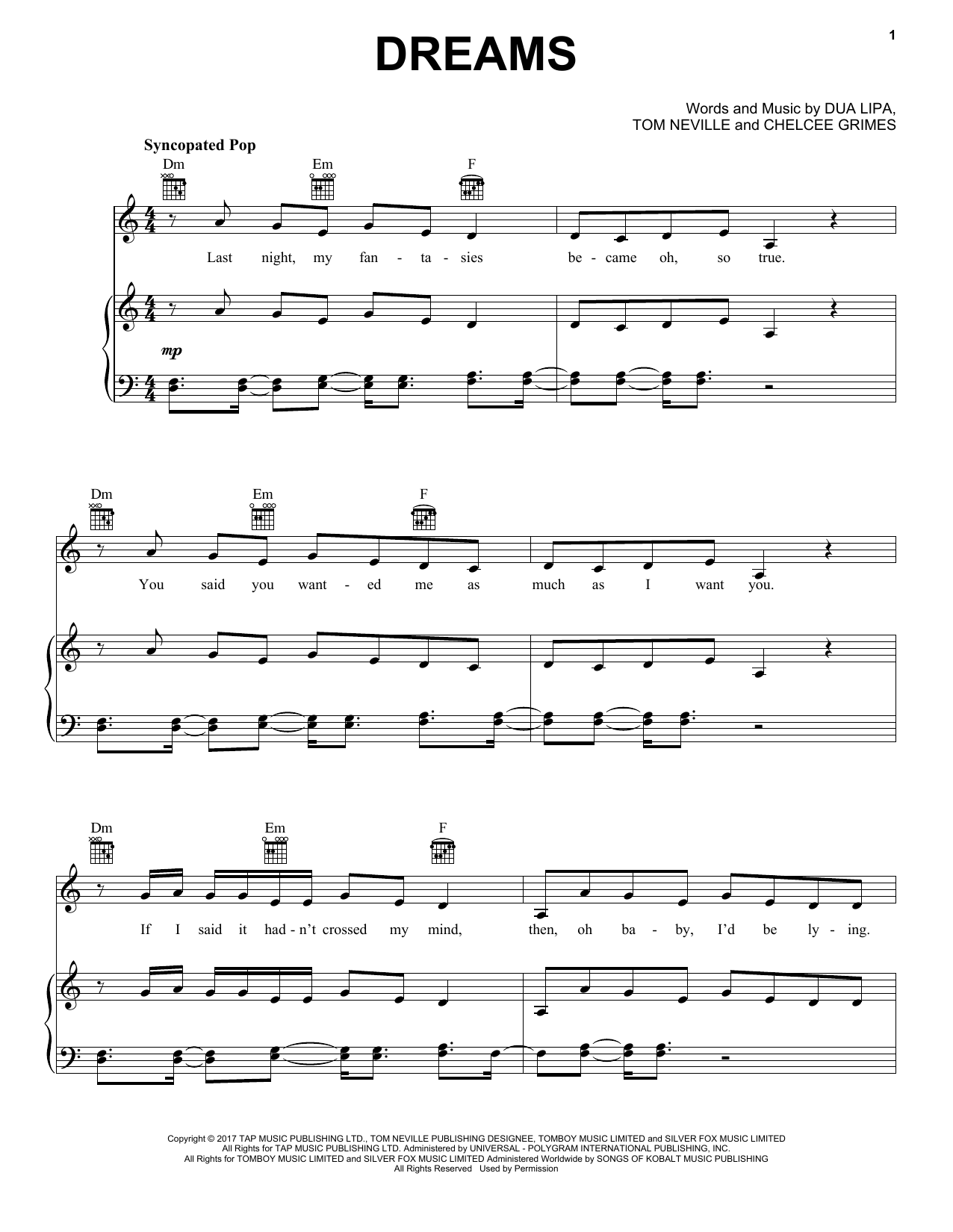 Download Dua Lipa Dreams Sheet Music and learn how to play Piano, Vocal & Guitar Chords (Right-Hand Melody) PDF digital score in minutes