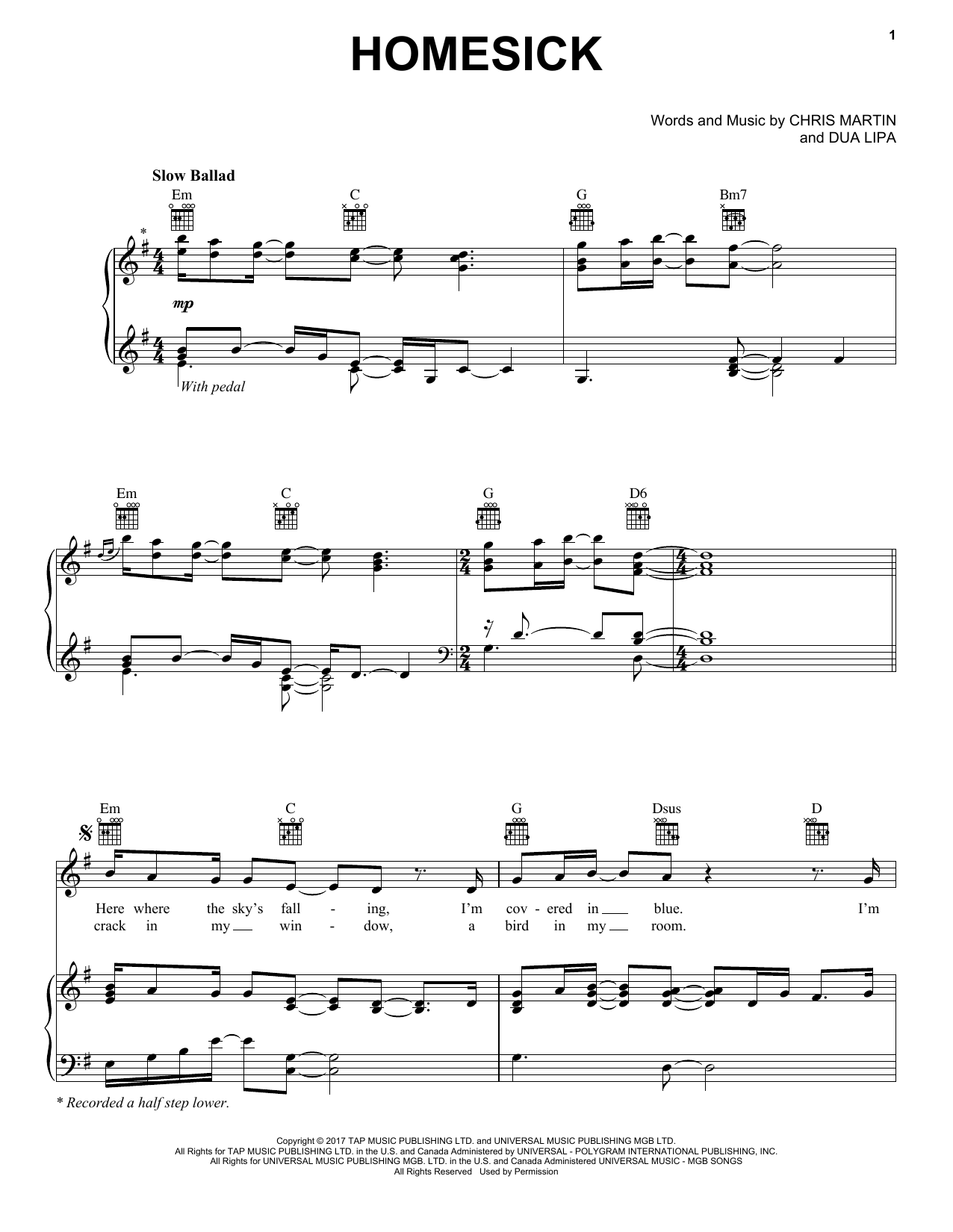 Download Dua Lipa feat. Chris Martin Homesick Sheet Music and learn how to play Piano, Vocal & Guitar (Right-Hand Melody) PDF digital score in minutes