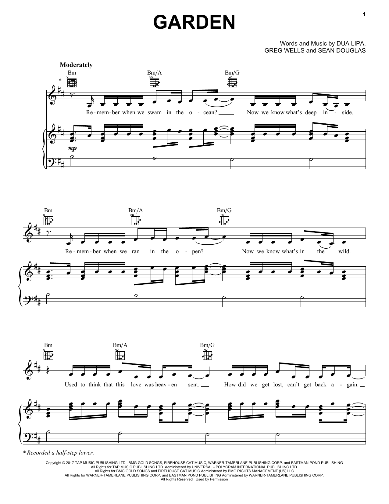 Download Dua Lipa Garden Sheet Music and learn how to play Piano, Vocal & Guitar Chords (Right-Hand Melody) PDF digital score in minutes