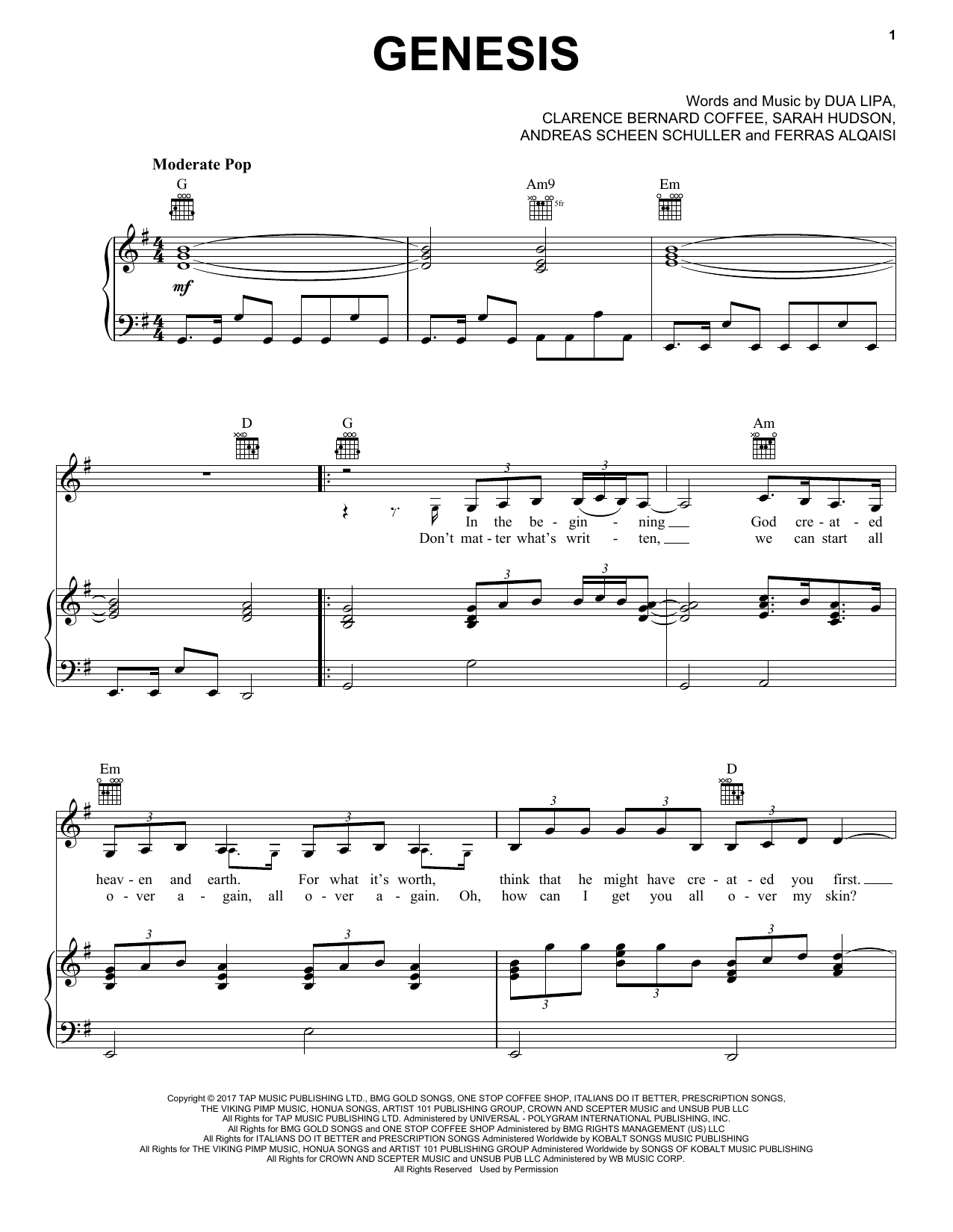 Download Dua Lipa Genesis Sheet Music and learn how to play Piano, Vocal & Guitar Chords (Right-Hand Melody) PDF digital score in minutes