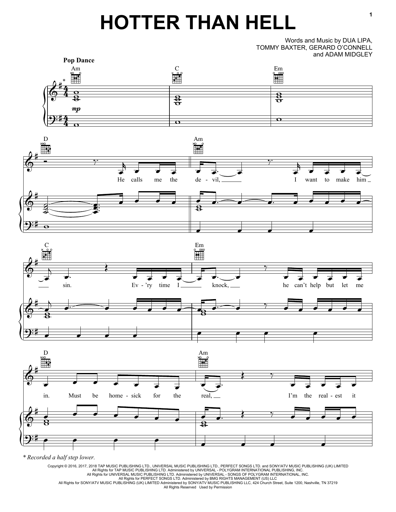 Download Dua Lipa Hotter Than Hell Sheet Music and learn how to play Piano, Vocal & Guitar Chords (Right-Hand Melody) PDF digital score in minutes