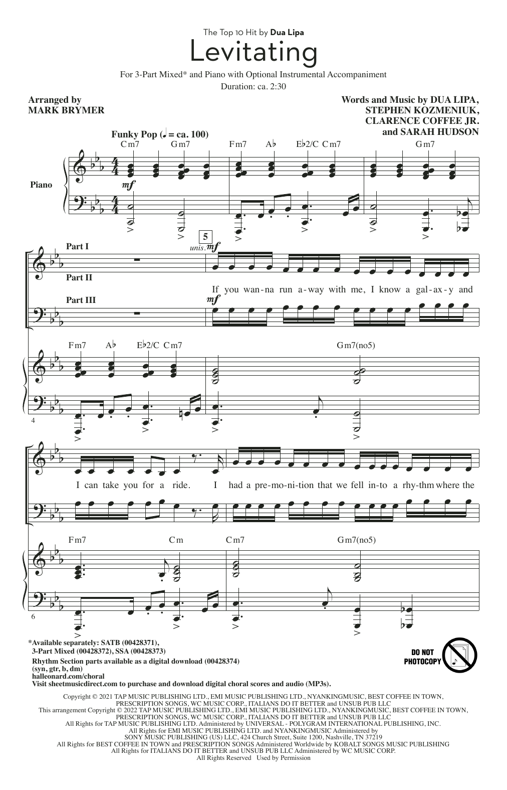 Download Dua Lipa Levitating (arr. Mark Brymer) Sheet Music and learn how to play 3-Part Mixed Choir PDF digital score in minutes