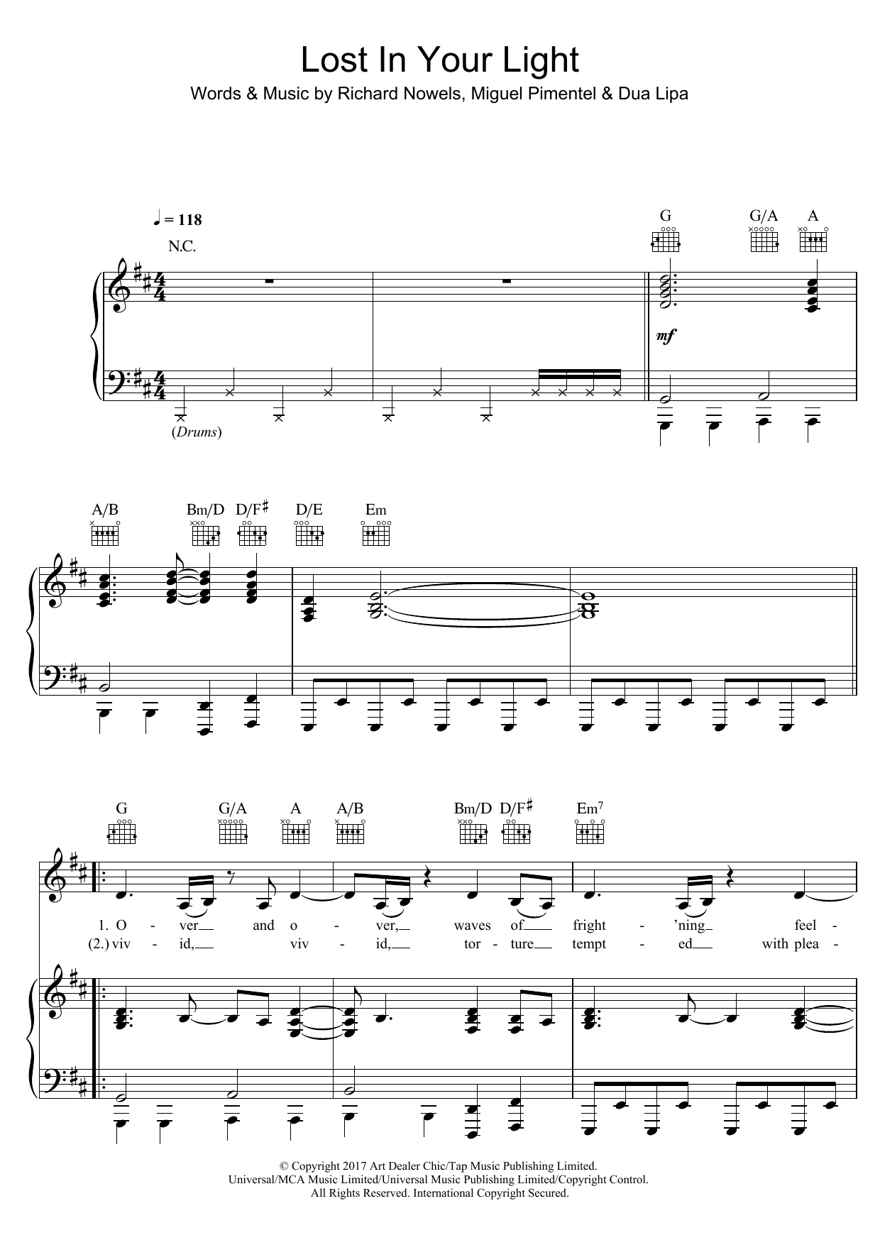 Download Dua Lipa Lost In Your Light (feat. Miguel) Sheet Music and learn how to play Piano, Vocal & Guitar (Right-Hand Melody) PDF digital score in minutes