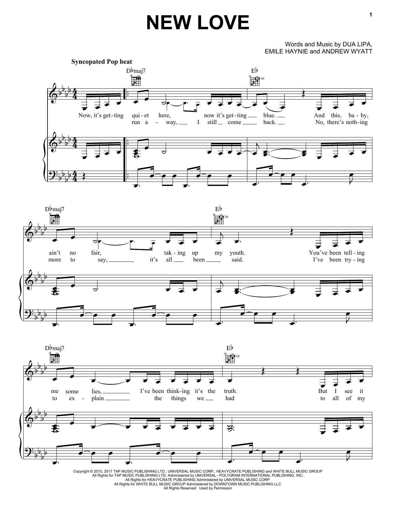 Download Dua Lipa New Love Sheet Music and learn how to play Piano, Vocal & Guitar Chords (Right-Hand Melody) PDF digital score in minutes