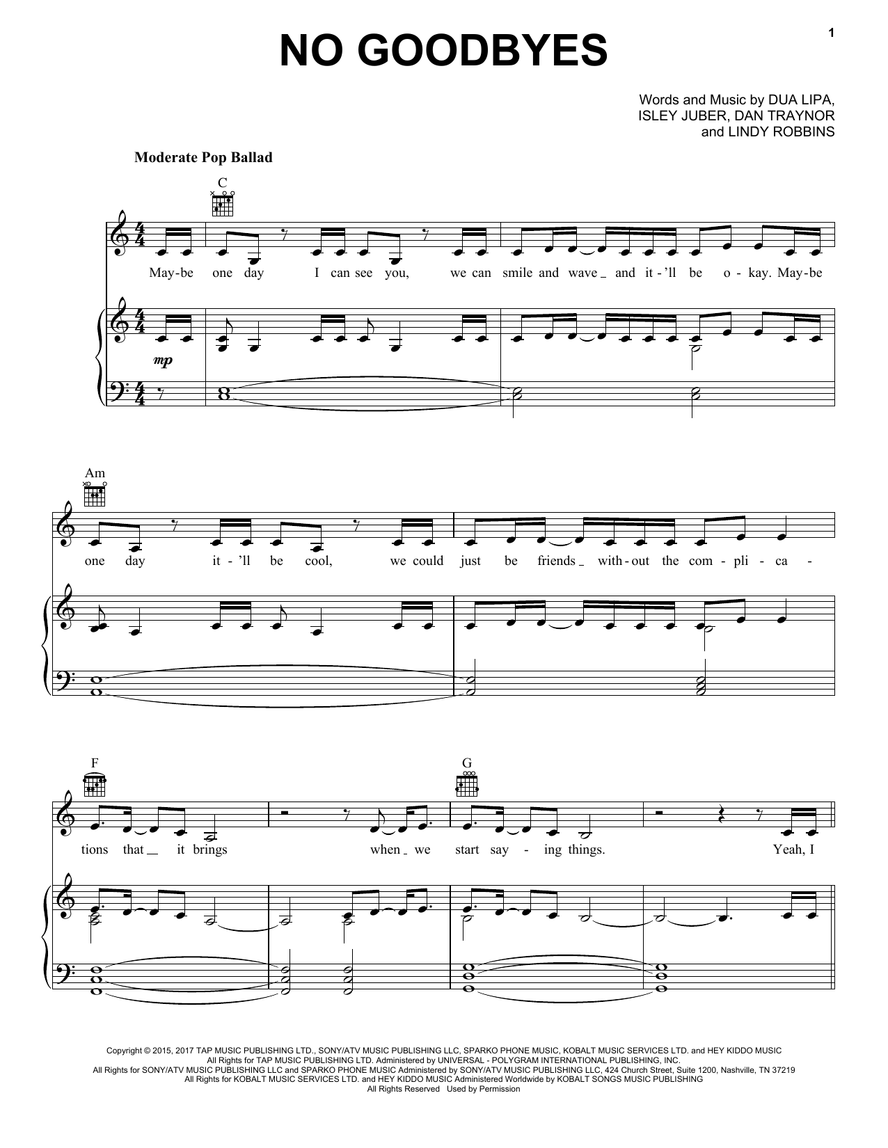 Download Dua Lipa No Goodbyes Sheet Music and learn how to play Piano, Vocal & Guitar Chords (Right-Hand Melody) PDF digital score in minutes