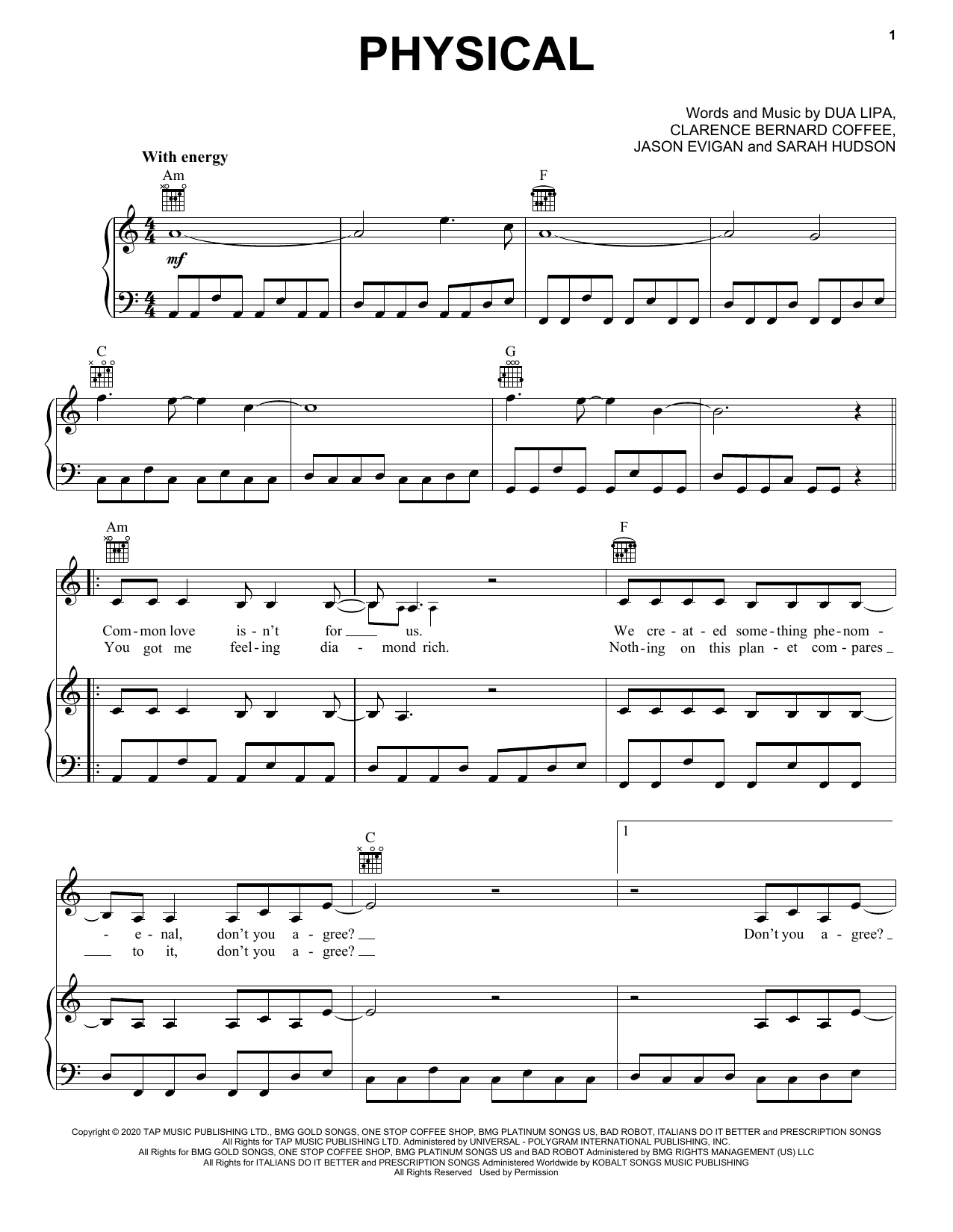 Download Dua Lipa Physical Sheet Music and learn how to play Piano, Vocal & Guitar Chords (Right-Hand Melody) PDF digital score in minutes