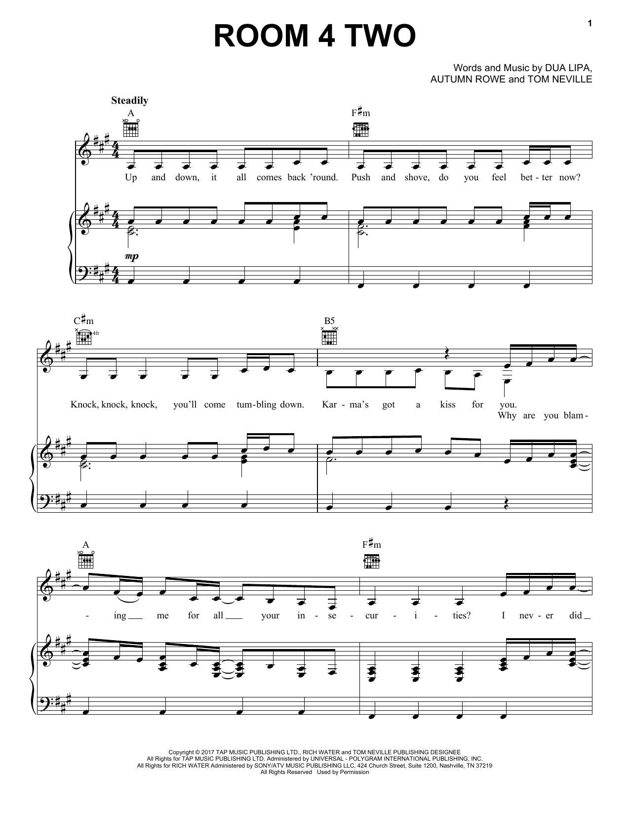 Download Dua Lipa Room 4 Two Sheet Music and learn how to play Piano, Vocal & Guitar Chords (Right-Hand Melody) PDF digital score in minutes