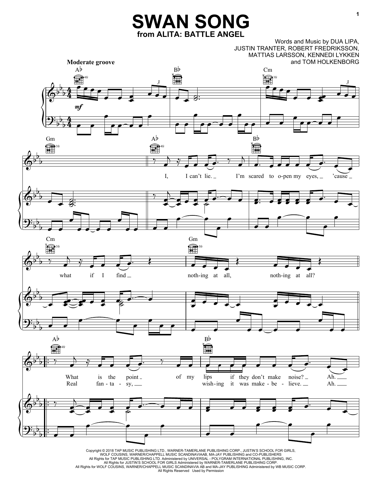 Download Dua Lipa Swan Song (from Alita: Battle Angel) Sheet Music and learn how to play Piano, Vocal & Guitar Chords (Right-Hand Melody) PDF digital score in minutes