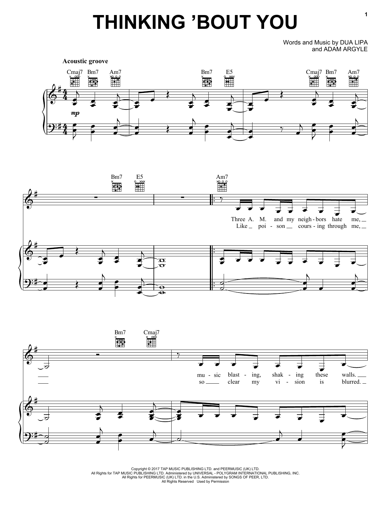 Download Dua Lipa Thinking 'Bout You Sheet Music and learn how to play Piano, Vocal & Guitar Chords (Right-Hand Melody) PDF digital score in minutes