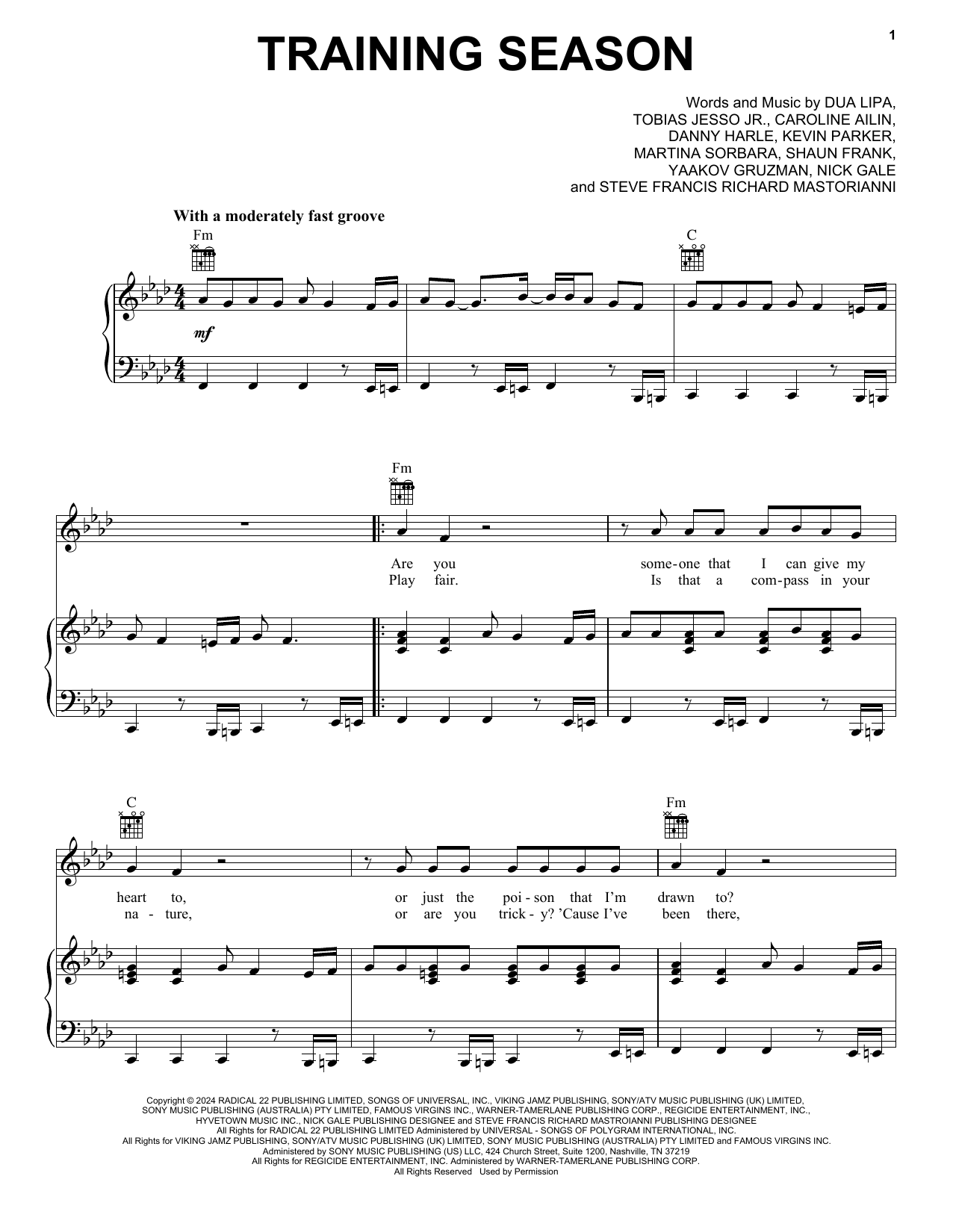 Download Dua Lipa Training Season Sheet Music and learn how to play Piano, Vocal & Guitar Chords (Right-Hand Melody) PDF digital score in minutes