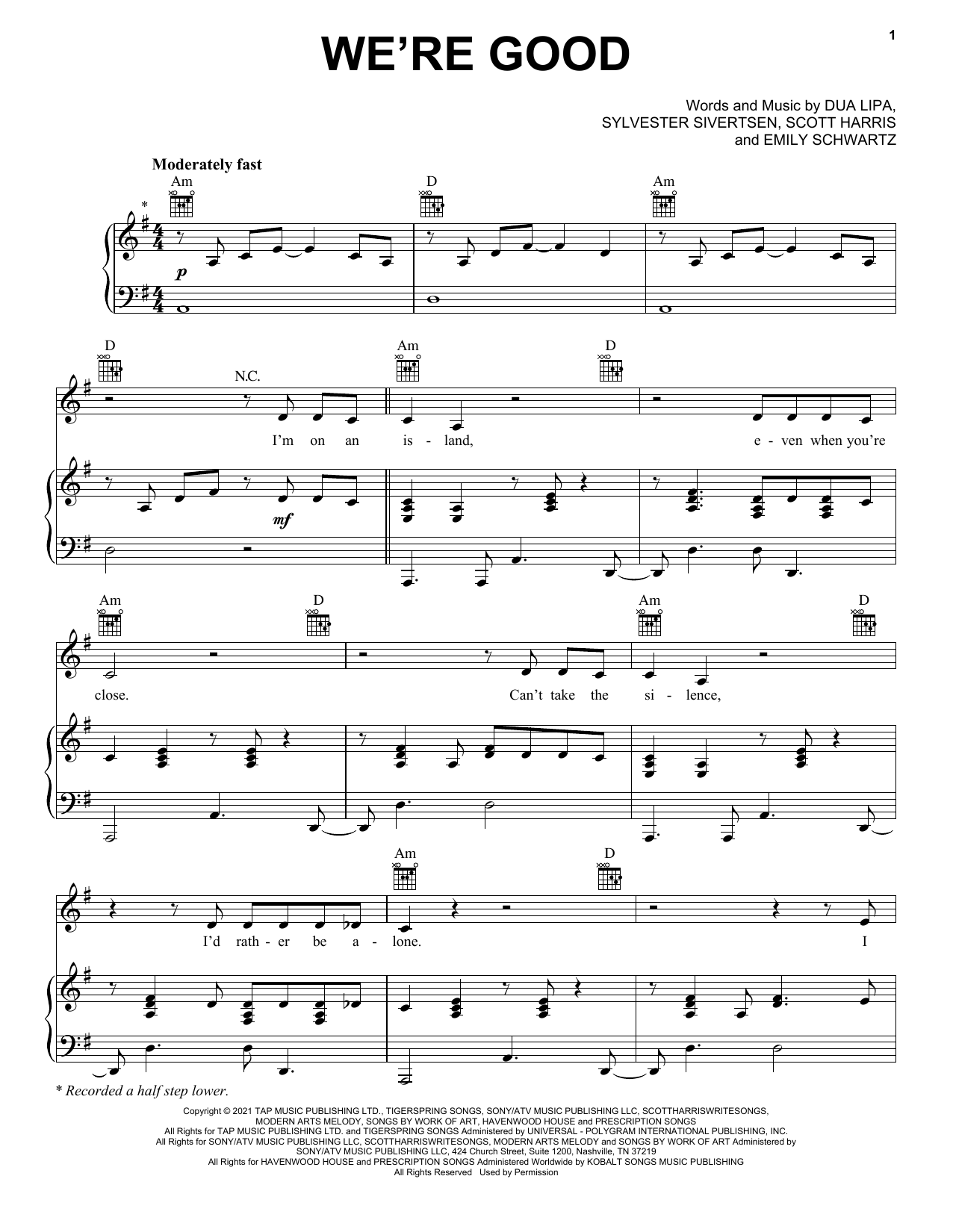 Download Dua Lipa We're Good Sheet Music and learn how to play Piano, Vocal & Guitar Chords (Right-Hand Melody) PDF digital score in minutes