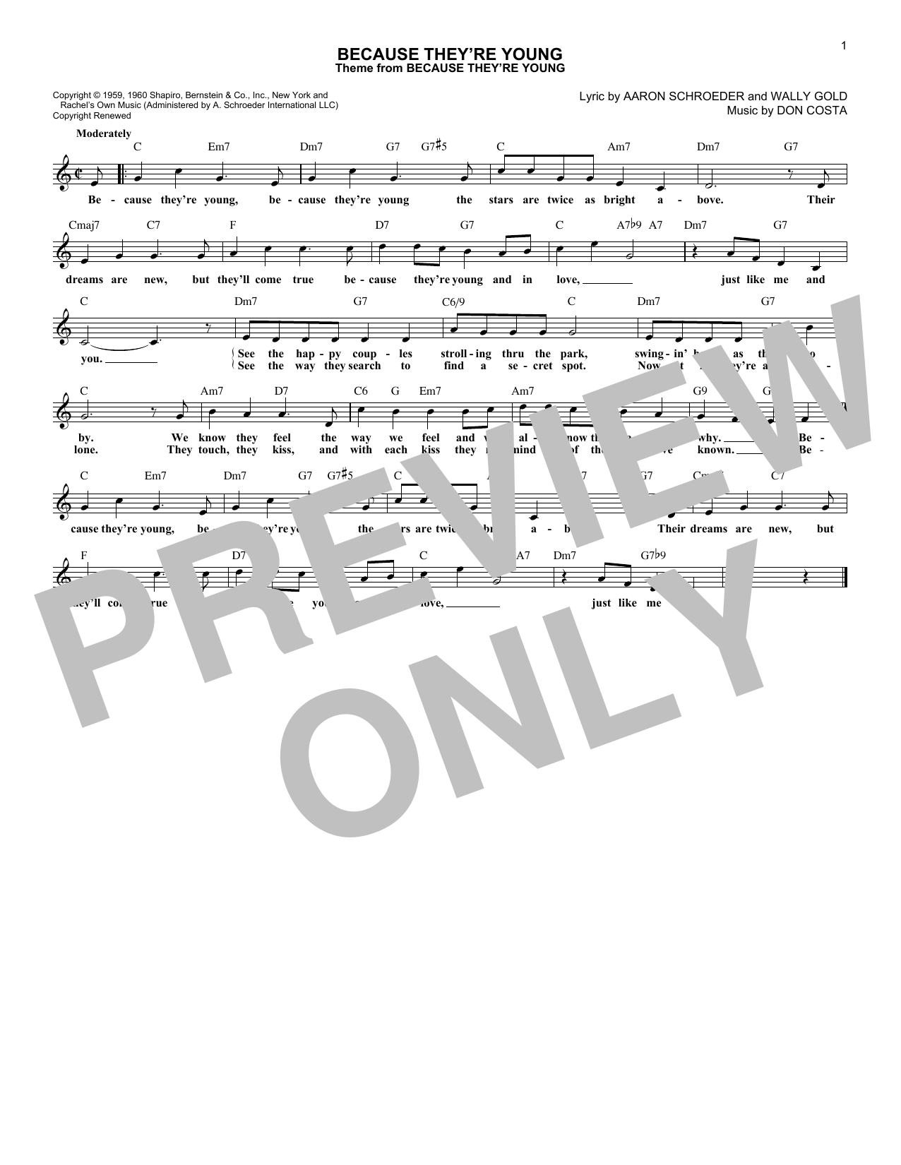 Download Duane Eddy & The Rebels Because They're Young Sheet Music and learn how to play Melody Line, Lyrics & Chords PDF digital score in minutes