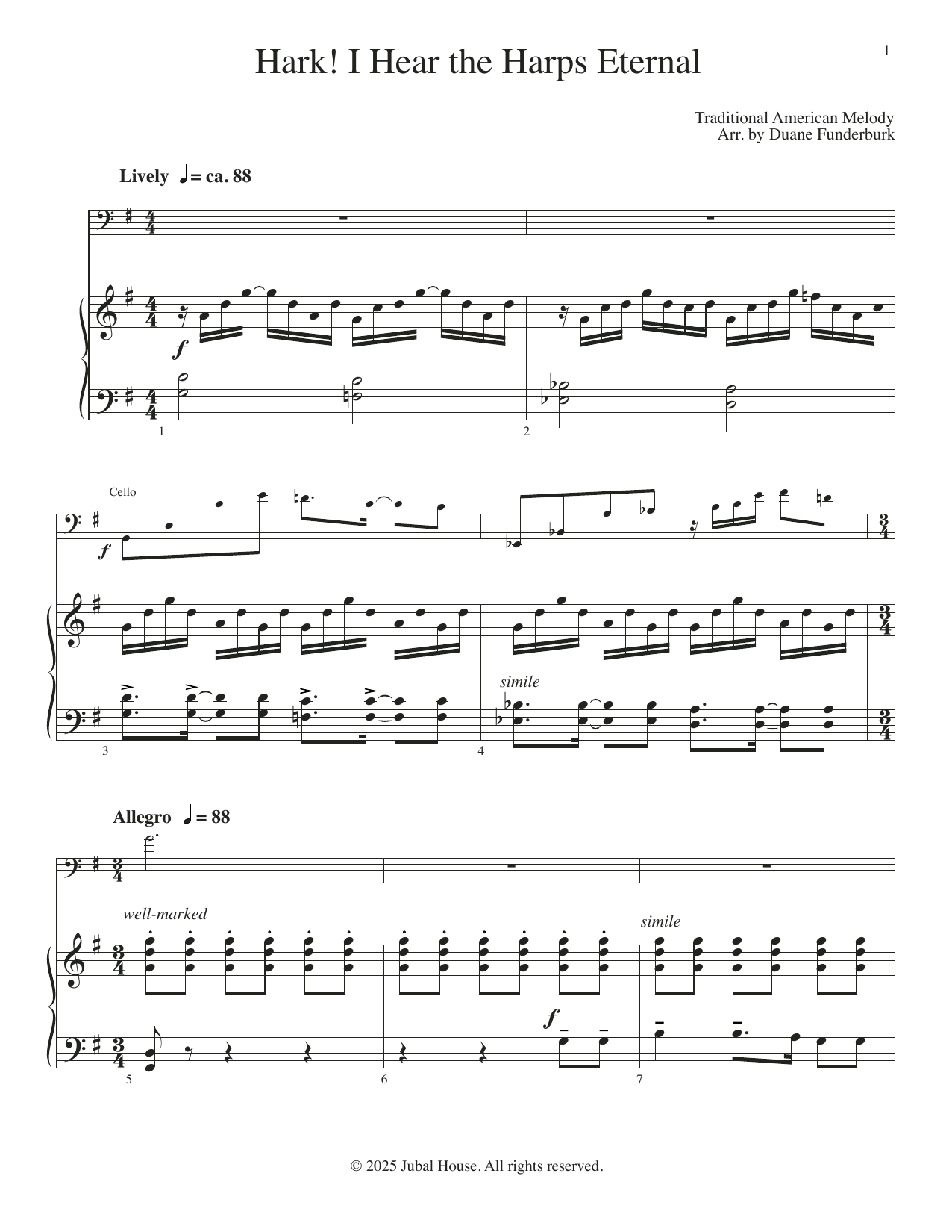 Download Duane Funderburk Hark I Hear The Harps Eternal Sheet Music and learn how to play Cello and Piano PDF digital score in minutes