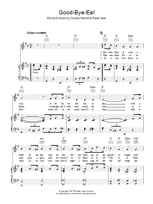 Download Dudley Moore Good-bye-ee Sheet Music and learn how to play Piano, Vocal & Guitar (Right-Hand Melody) PDF digital score in minutes