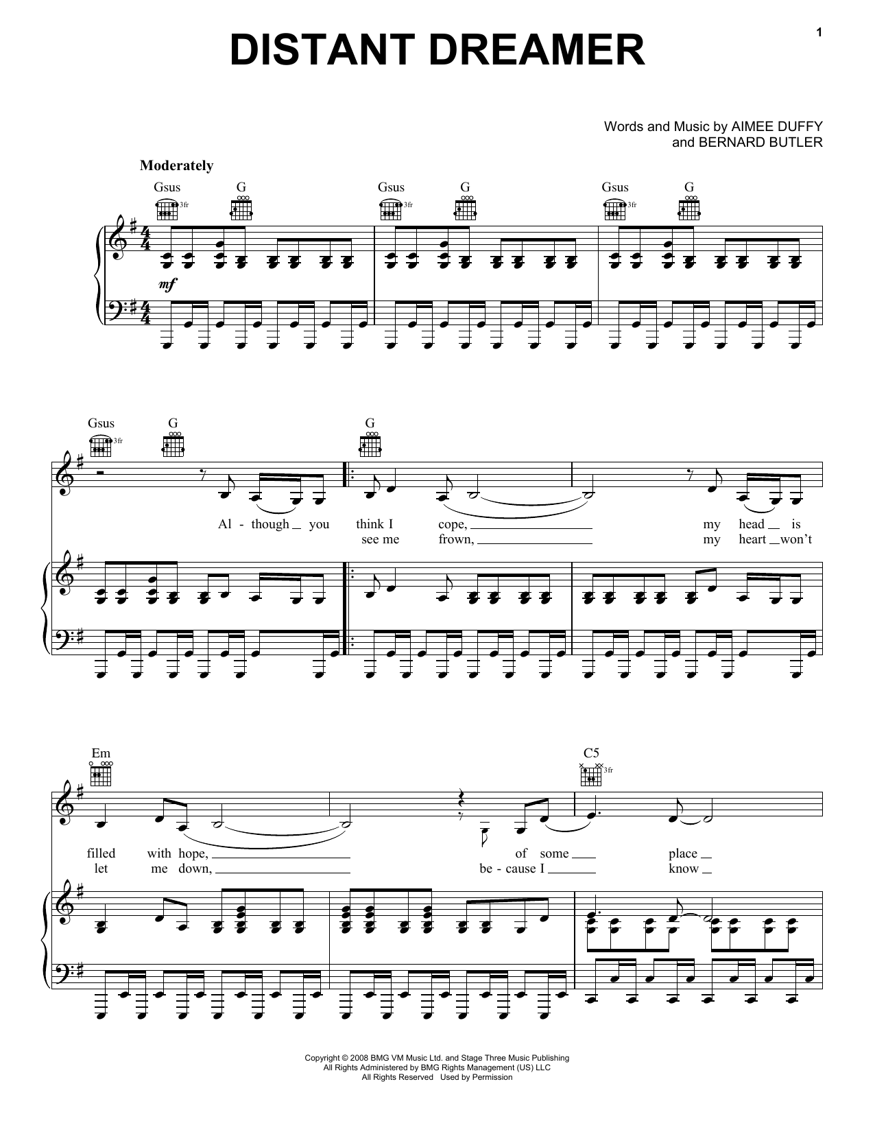 Download Duffy Distant Dreamer Sheet Music and learn how to play Piano, Vocal & Guitar (Right-Hand Melody) PDF digital score in minutes