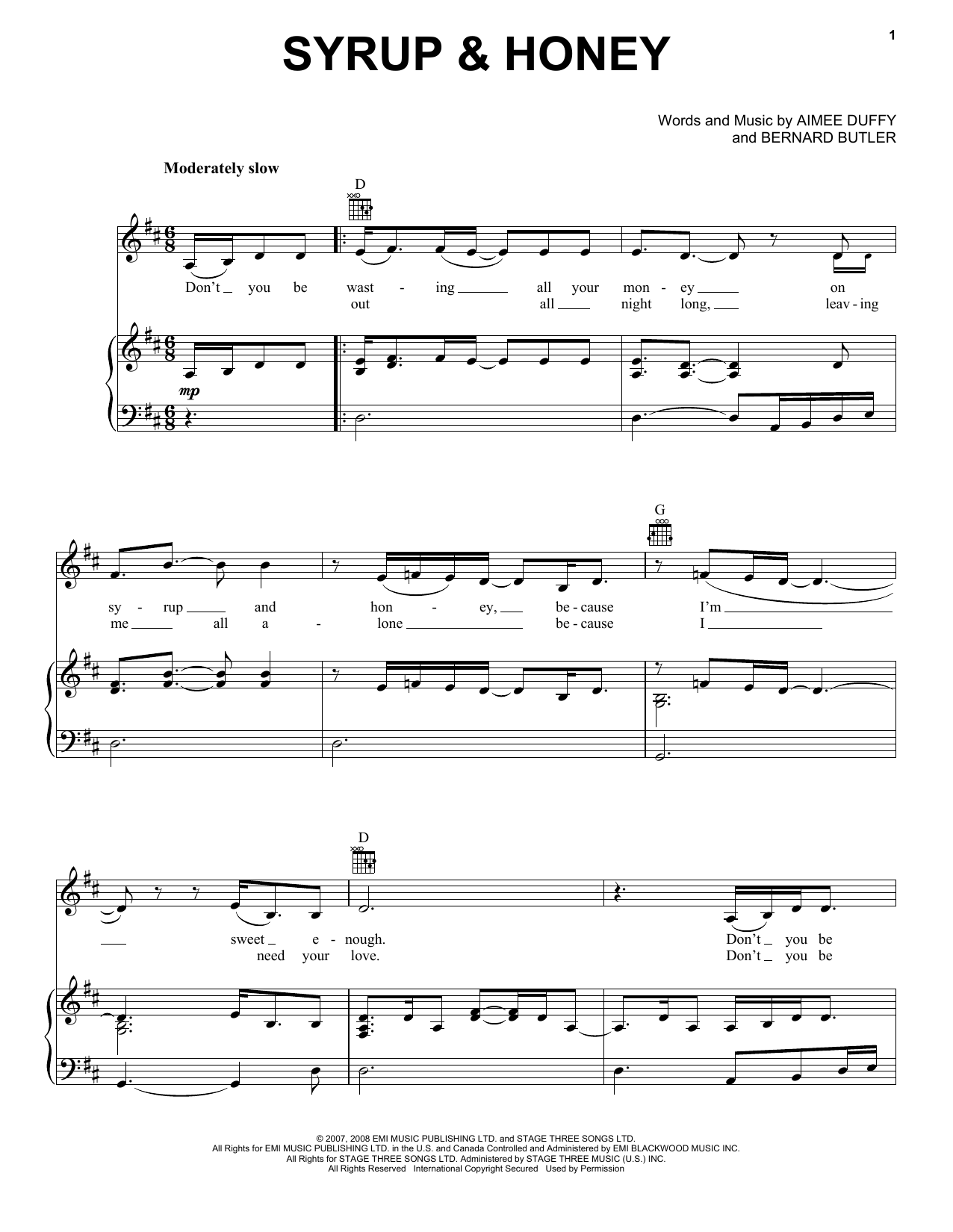 Download Duffy Syrup & Honey Sheet Music and learn how to play Piano, Vocal & Guitar (Right-Hand Melody) PDF digital score in minutes
