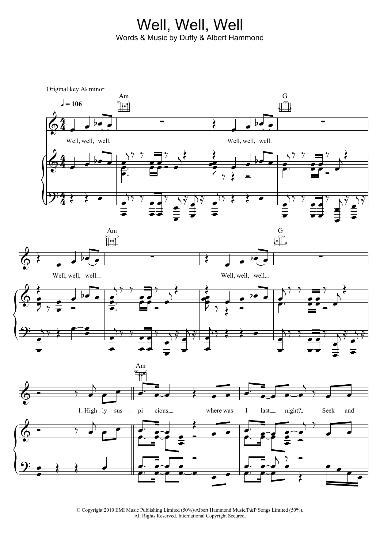 Download Duffy Well, Well, Well Sheet Music and learn how to play Piano, Vocal & Guitar (Right-Hand Melody) PDF digital score in minutes