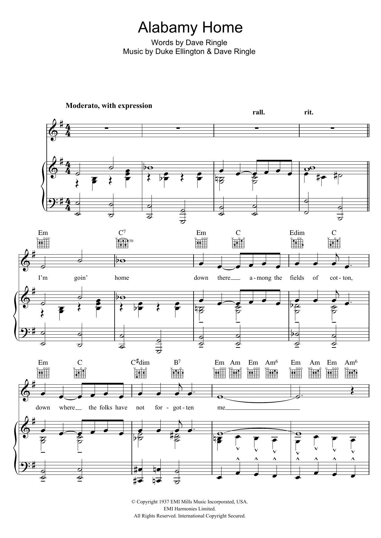 Download Duke Ellington Alabamy Home Sheet Music and learn how to play Piano, Vocal & Guitar (Right-Hand Melody) PDF digital score in minutes