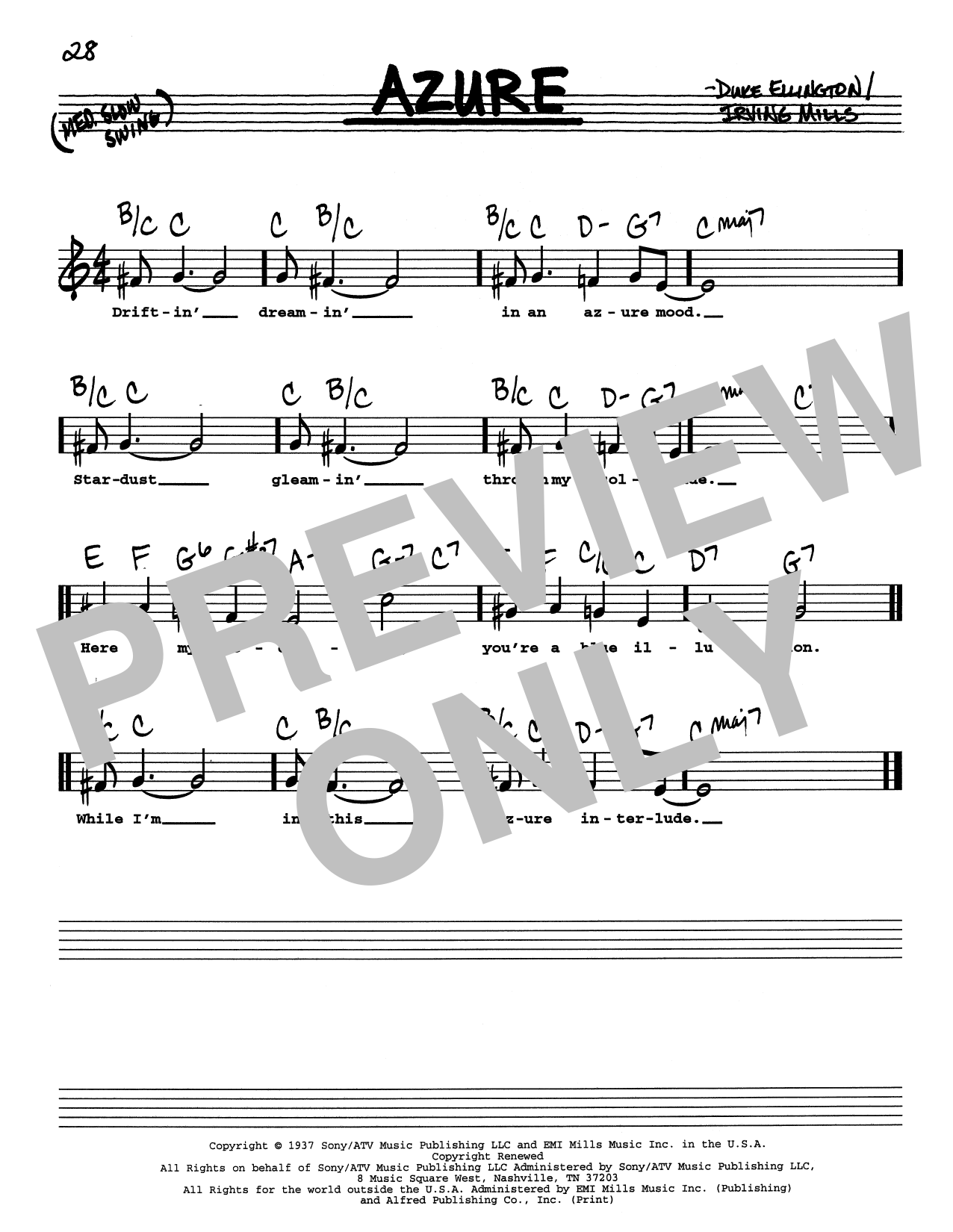 Download Duke Ellington Azure (Low Voice) Sheet Music and learn how to play Real Book – Melody, Lyrics & Chords PDF digital score in minutes