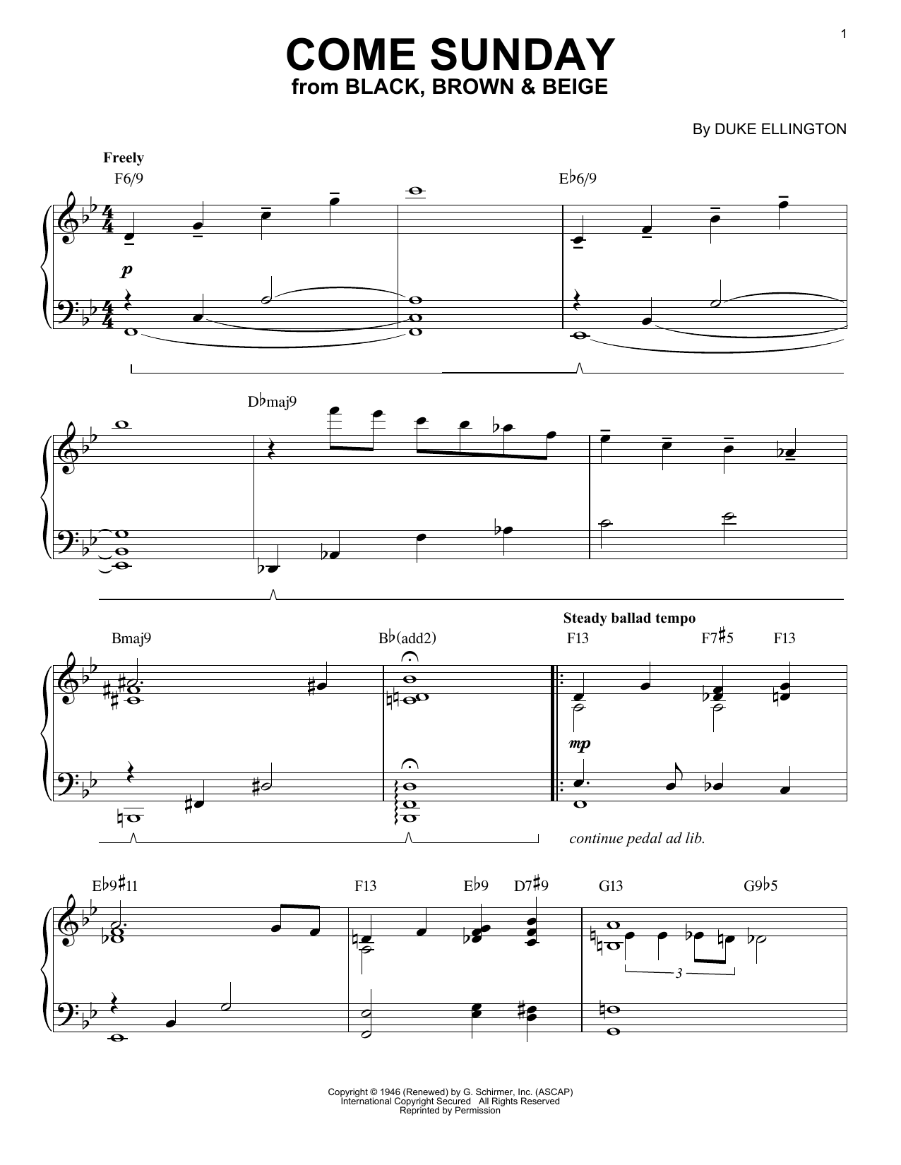 Download Duke Ellington Come Sunday Sheet Music and learn how to play Piano PDF digital score in minutes