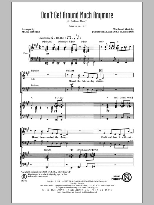 Download Duke Ellington Don't Get Around Much Anymore (arr. Mark Brymer) Sheet Music and learn how to play SAB PDF digital score in minutes