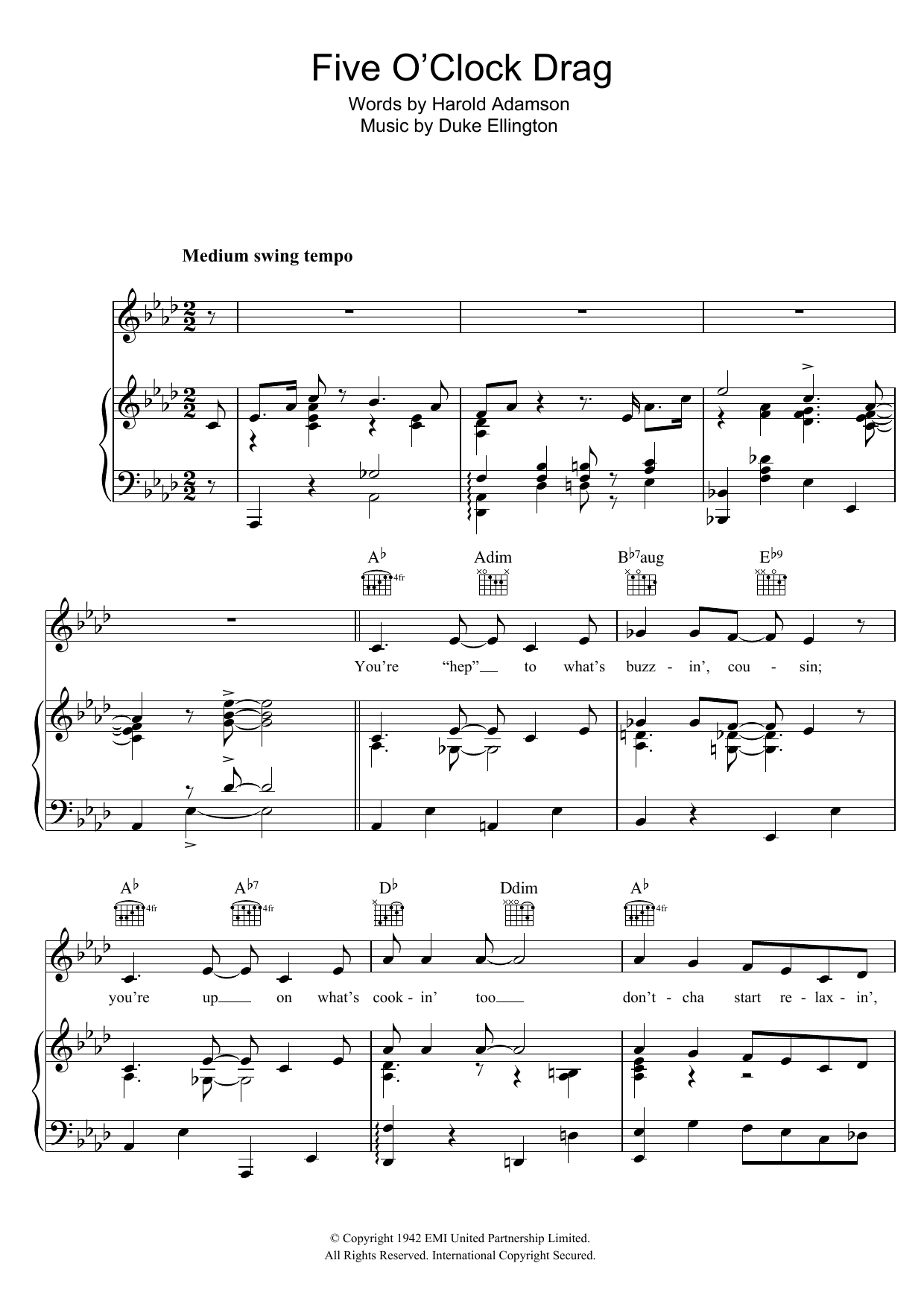 Download Duke Ellington Five O'Clock Drag Sheet Music and learn how to play Piano, Vocal & Guitar (Right-Hand Melody) PDF digital score in minutes