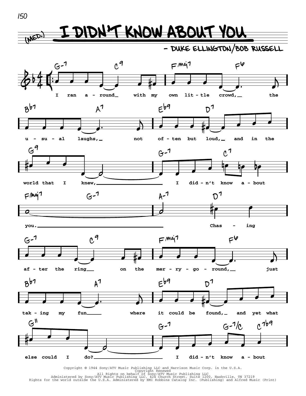 Download Duke Ellington I Didn't Know About You (High Voice) Sheet Music and learn how to play Real Book – Melody, Lyrics & Chords PDF digital score in minutes