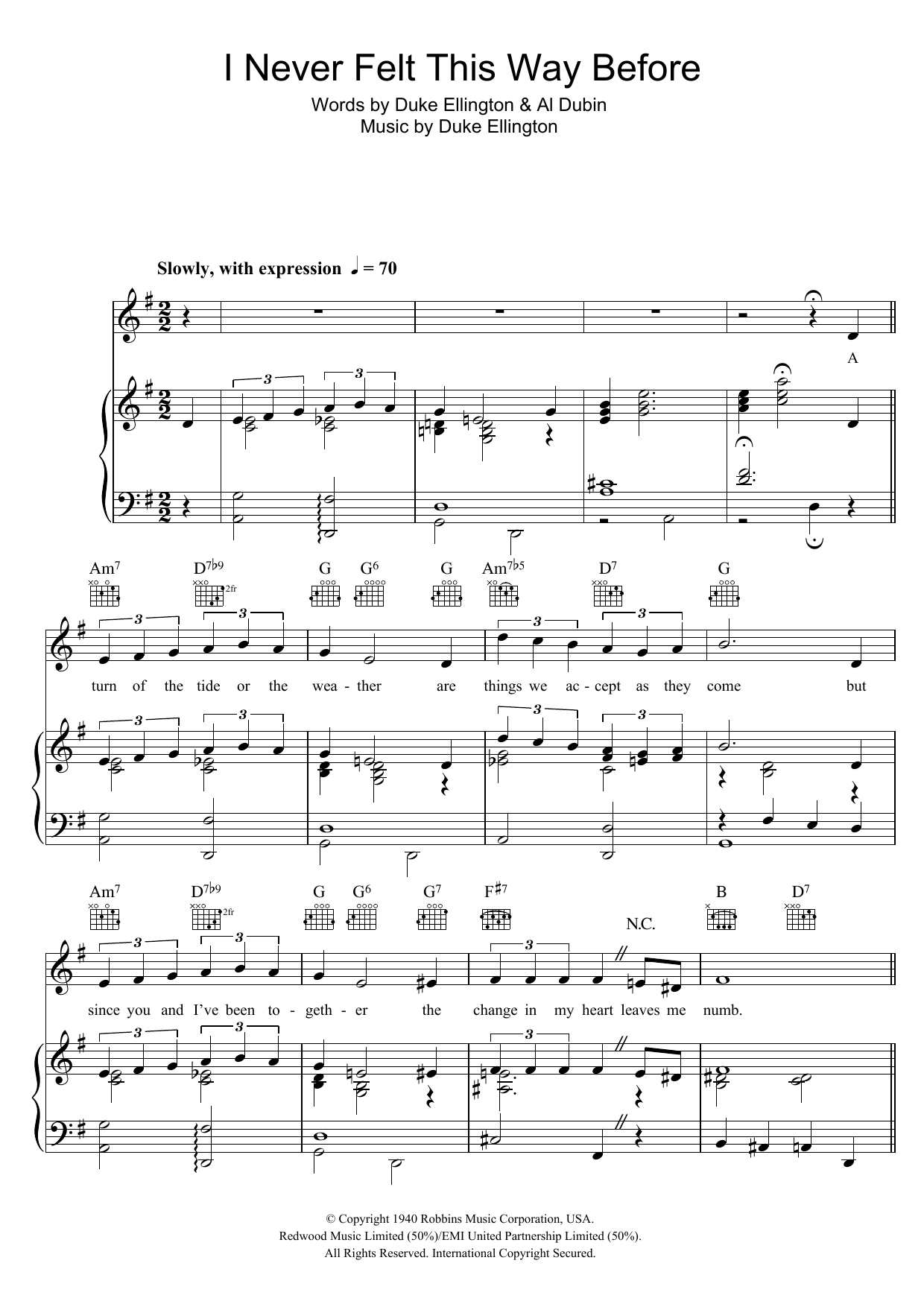 Download Duke Ellington I Never Felt This Way Before Sheet Music and learn how to play Piano, Vocal & Guitar (Right-Hand Melody) PDF digital score in minutes