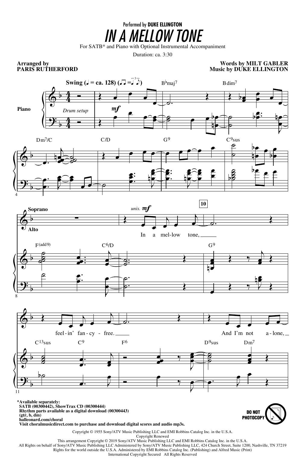 Download Duke Ellington In A Mellow Tone (arr. Paris Rutherford) Sheet Music and learn how to play SATB Choir PDF digital score in minutes