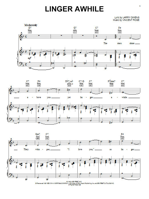Download Duke Ellington Linger Awhile Sheet Music and learn how to play Piano, Vocal & Guitar (Right-Hand Melody) PDF digital score in minutes