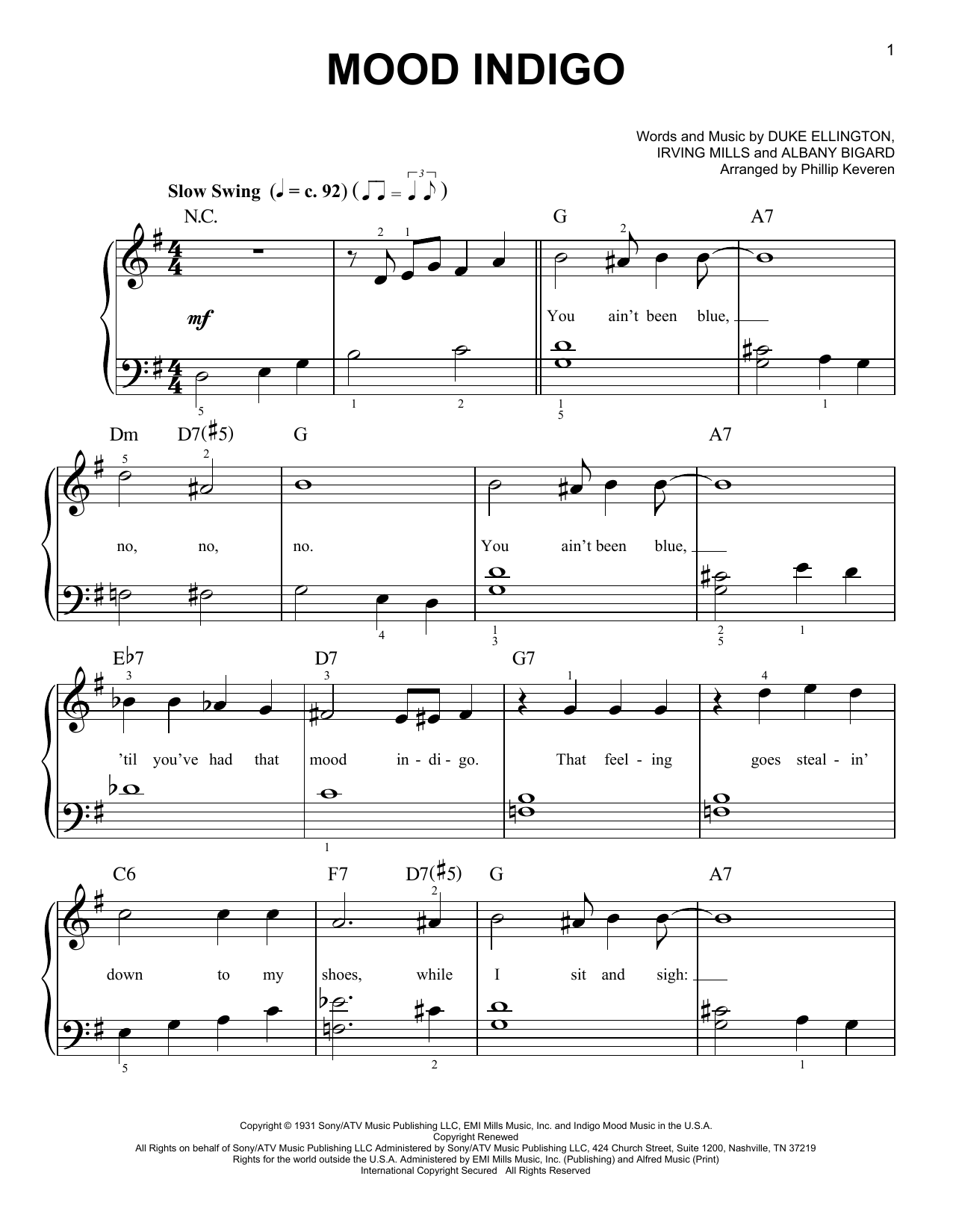 Download Duke Ellington Mood Indigo (arr. Phillip Keveren) Sheet Music and learn how to play Easy Piano PDF digital score in minutes