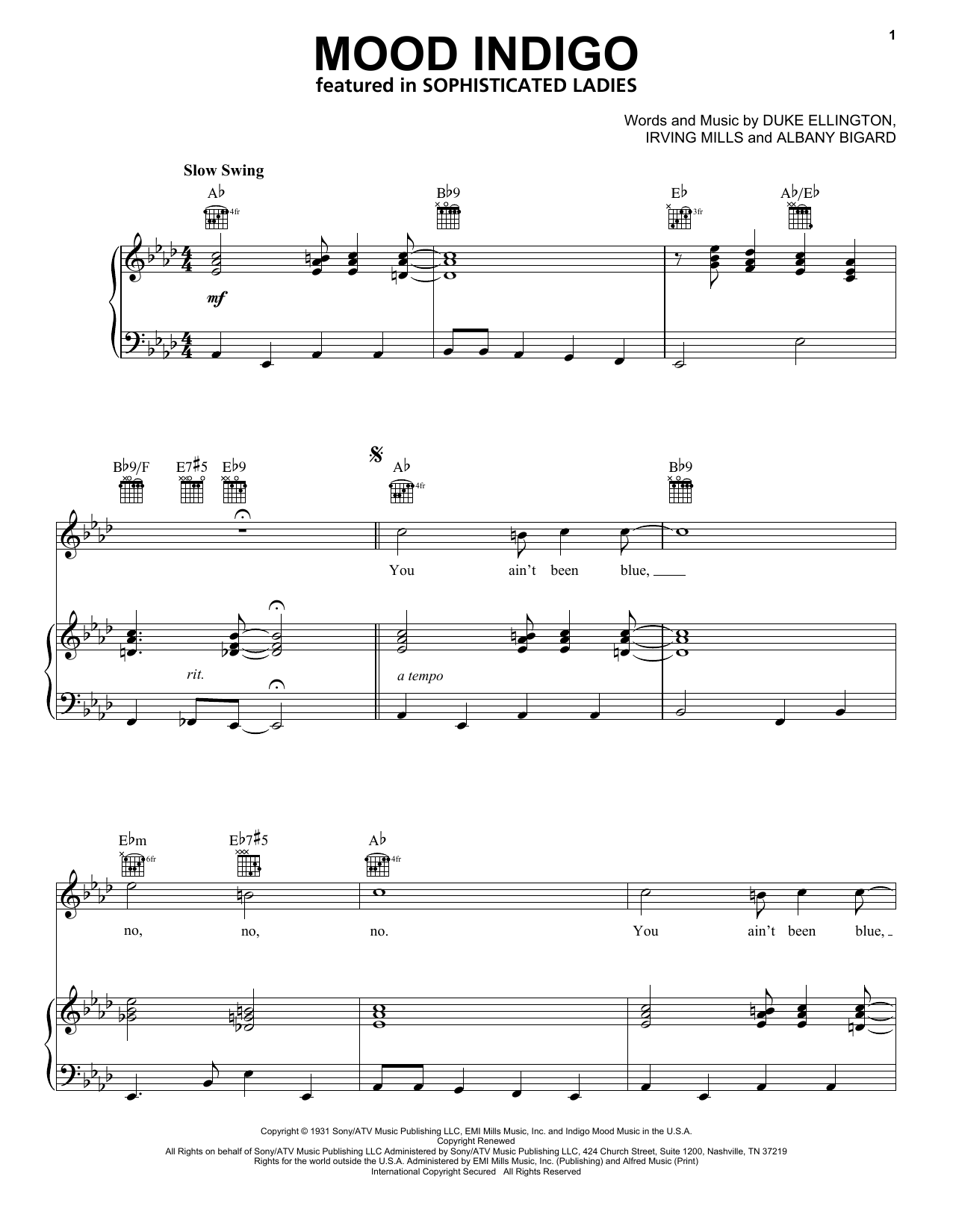 Download Duke Ellington Mood Indigo Sheet Music and learn how to play Piano, Vocal & Guitar (Right-Hand Melody) PDF digital score in minutes