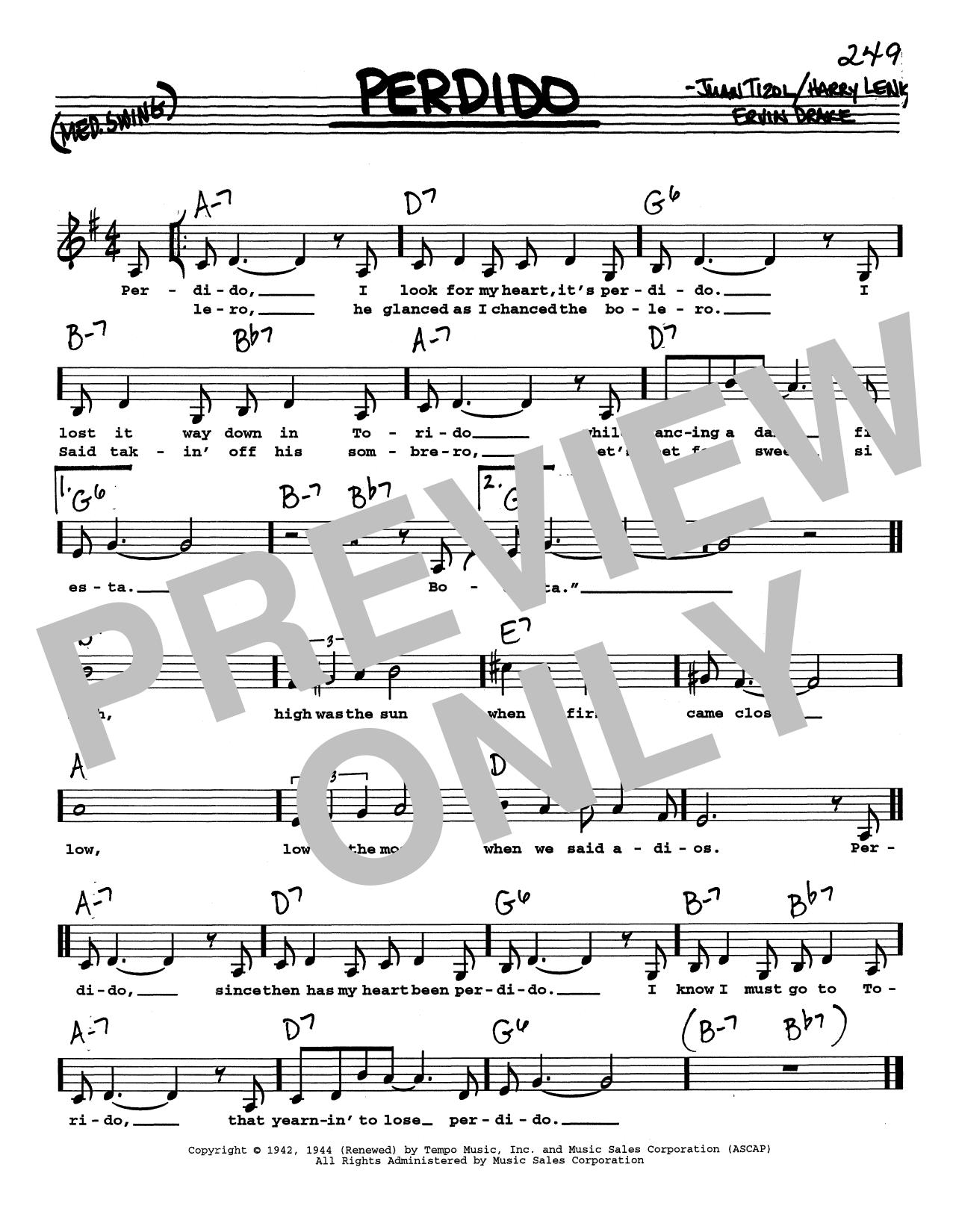 Download Duke Ellington Perdido (Low Voice) Sheet Music and learn how to play Real Book – Melody, Lyrics & Chords PDF digital score in minutes