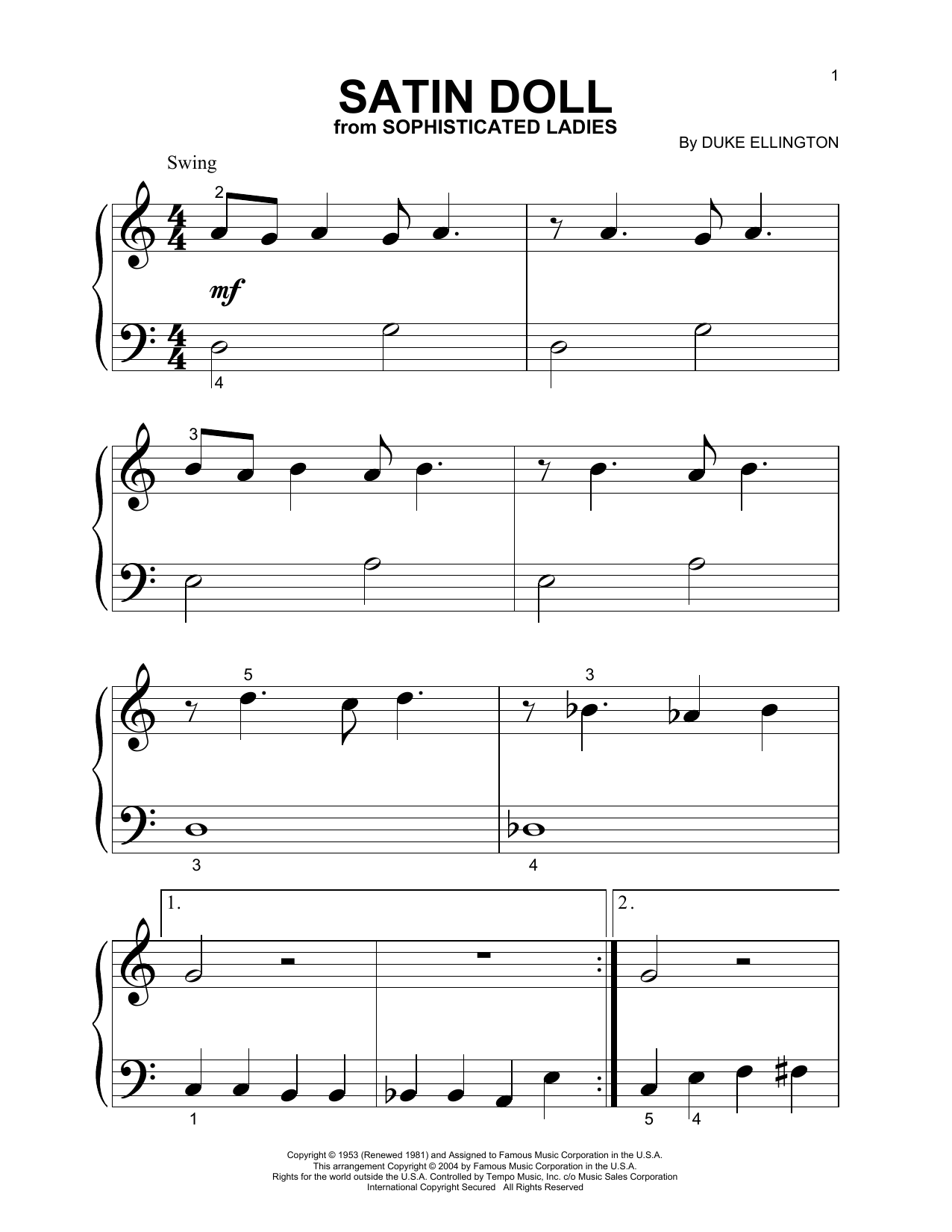 Download Duke Ellington Satin Doll (from Sophisticated Ladies) Sheet Music and learn how to play Big Note Piano PDF digital score in minutes