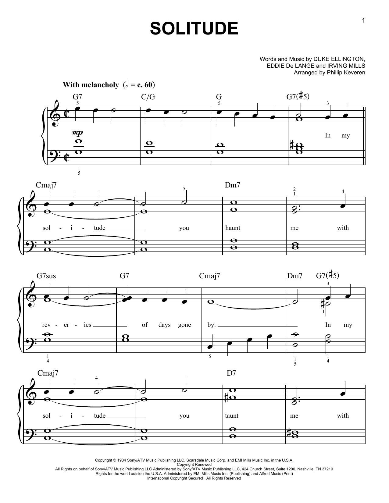Download Duke Ellington Solitude (arr. Phillip Keveren) Sheet Music and learn how to play Easy Piano PDF digital score in minutes