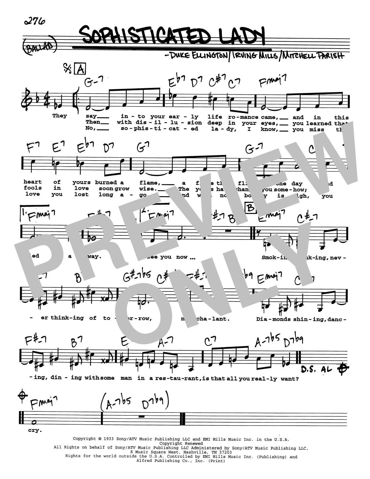 Download Duke Ellington Sophisticated Lady (Low Voice) Sheet Music and learn how to play Real Book – Melody, Lyrics & Chords PDF digital score in minutes
